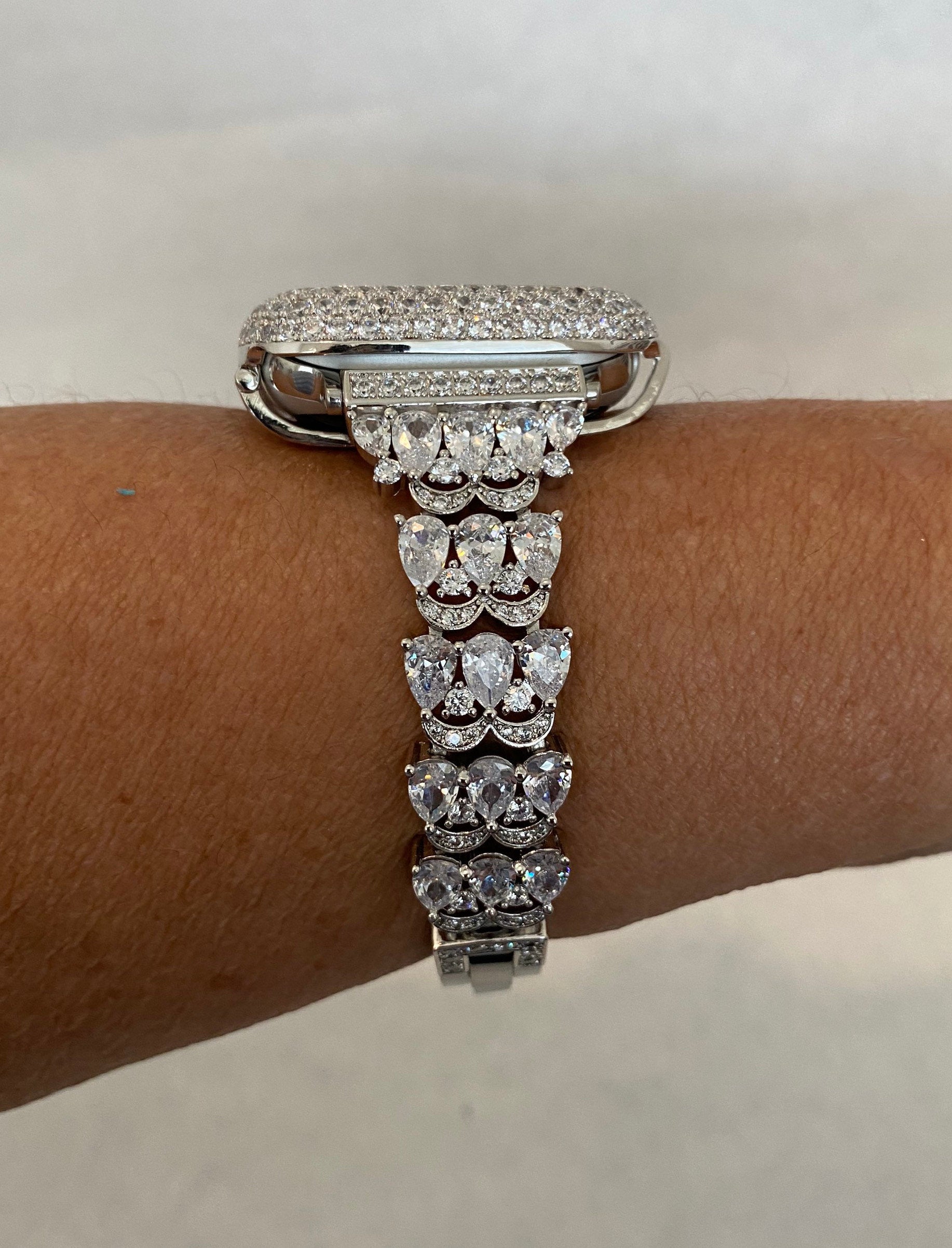 Apple Watch Band Women 41mm 45mm 49mm Ultra Swarovski Crystal Silver & or Apple Watch Cover Lab Diamond Bezel Apple Watch Case 38mm-49mm