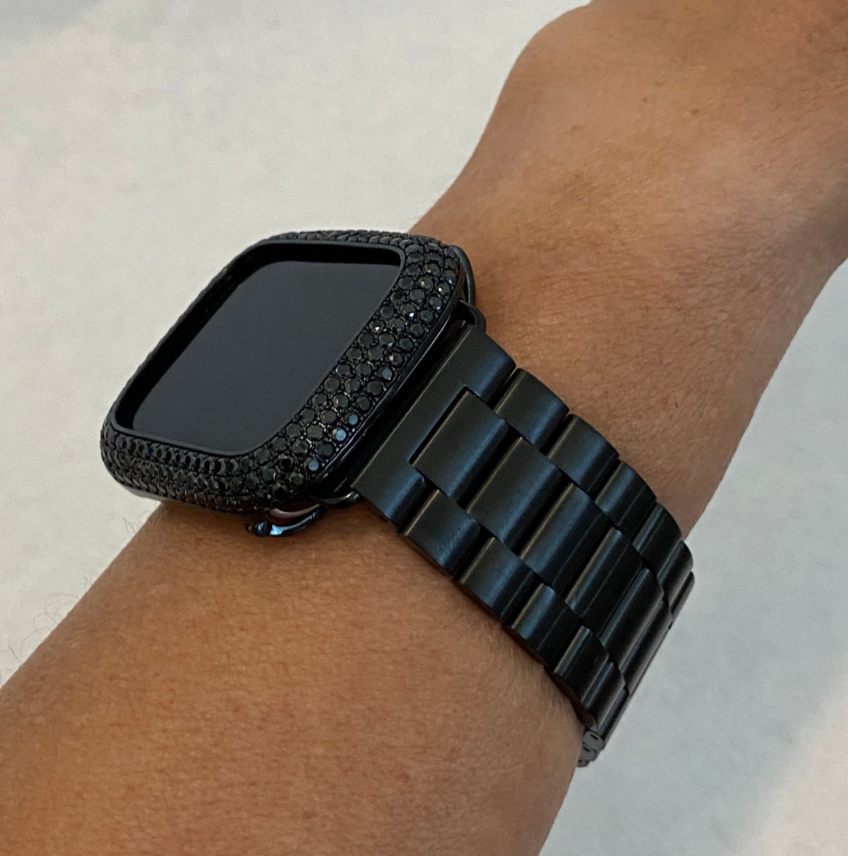Black Apple Watch Band Stainless Steel & or Apple Watch Cover Lab Diamond Bezel Apple Watch Case 38 40 41 42 44 45 46 49mm Ultra Bling