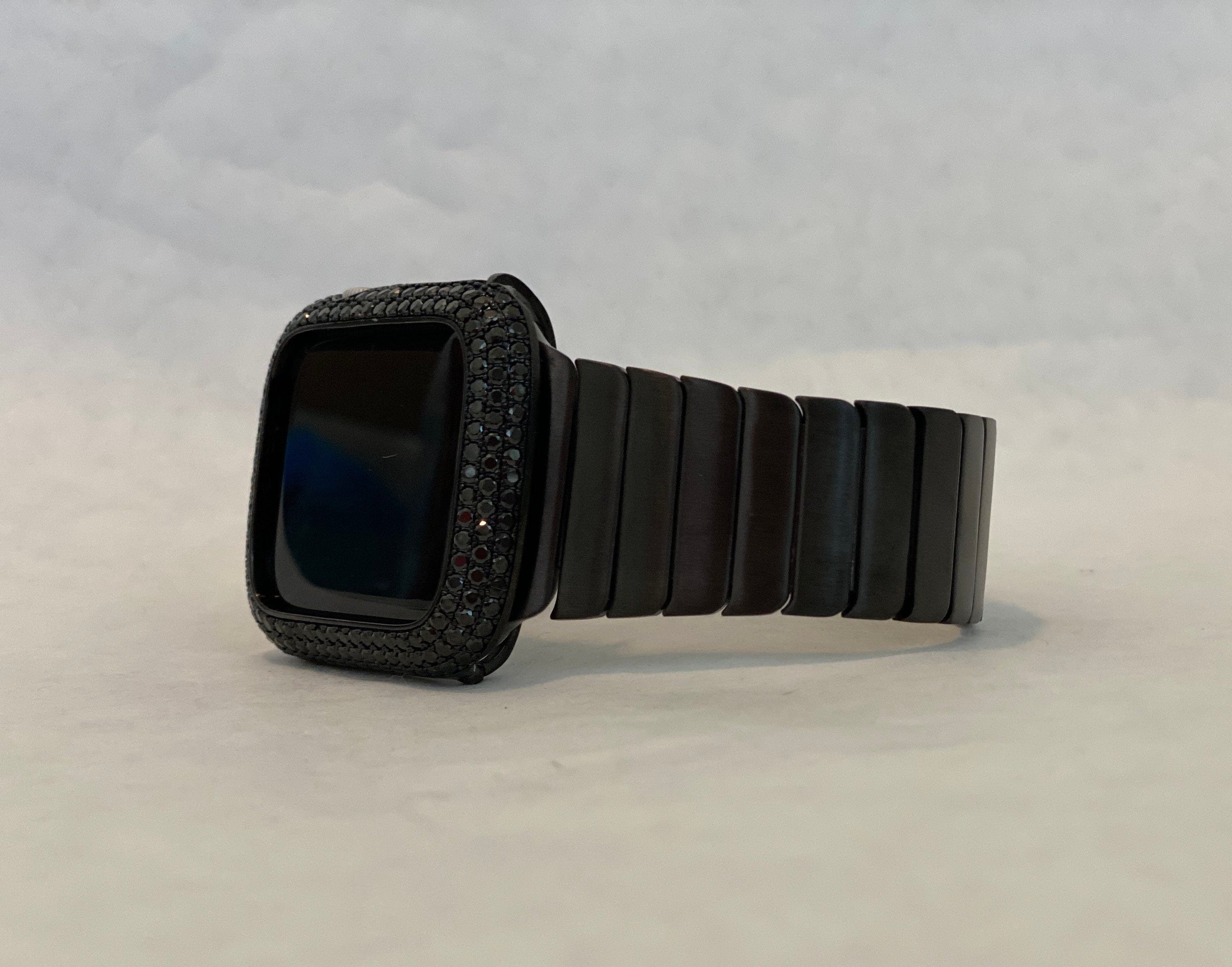 Black Apple Watch Band 49mm Ultra Mens Stainless Steel & or Apple Watch Cover Lab Diamond Bezel Case Bling 42mm 44mm 45mm 46mm Series 10
