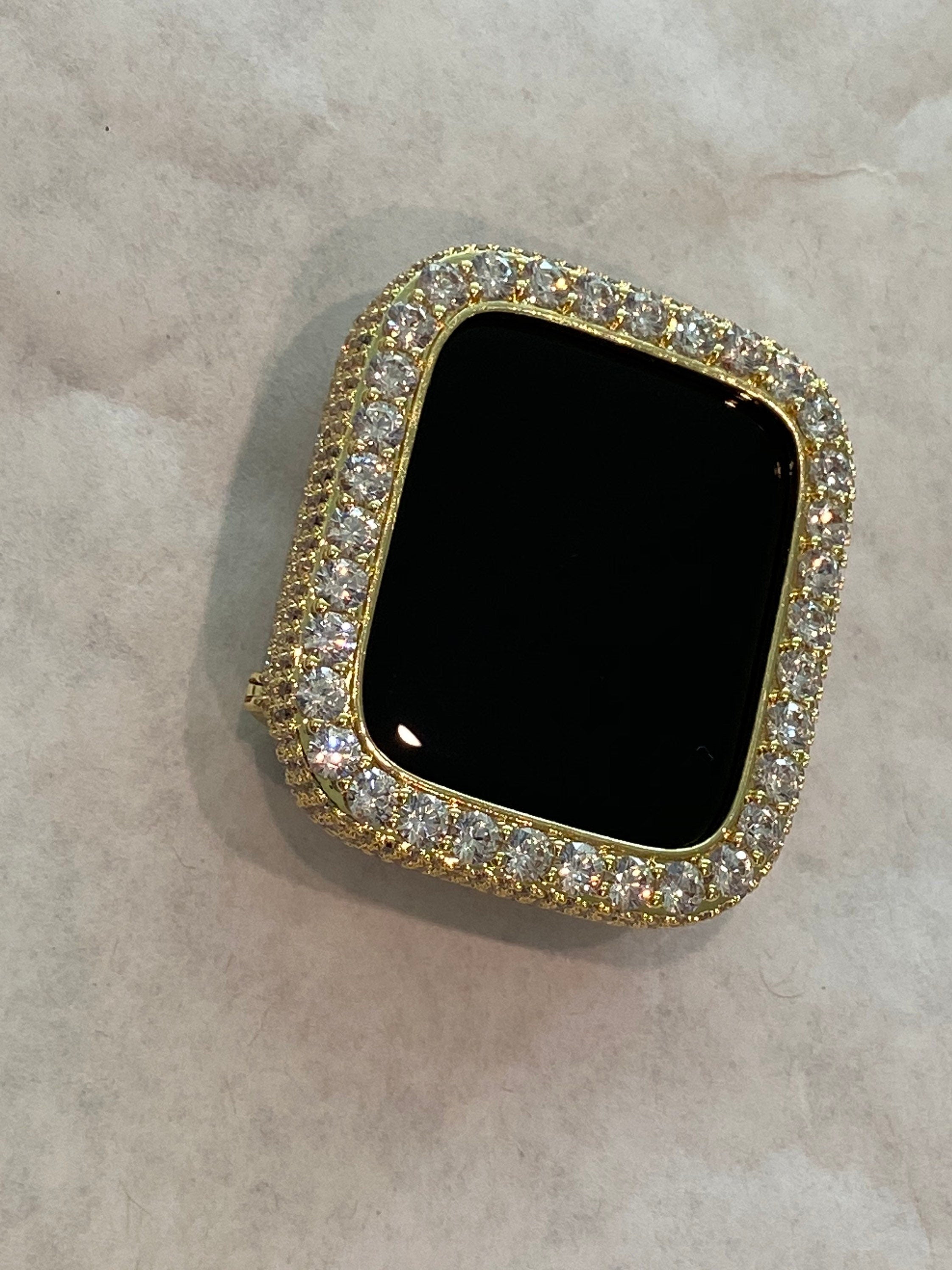 Yellow Gold Apple Watch Case Lab Diamond Bezel 3.5mm Apple Watch Cover Iwatch Band Bling 38mm 40mm 41mm 42mm 44mm 45mm Series 2-9 Gift