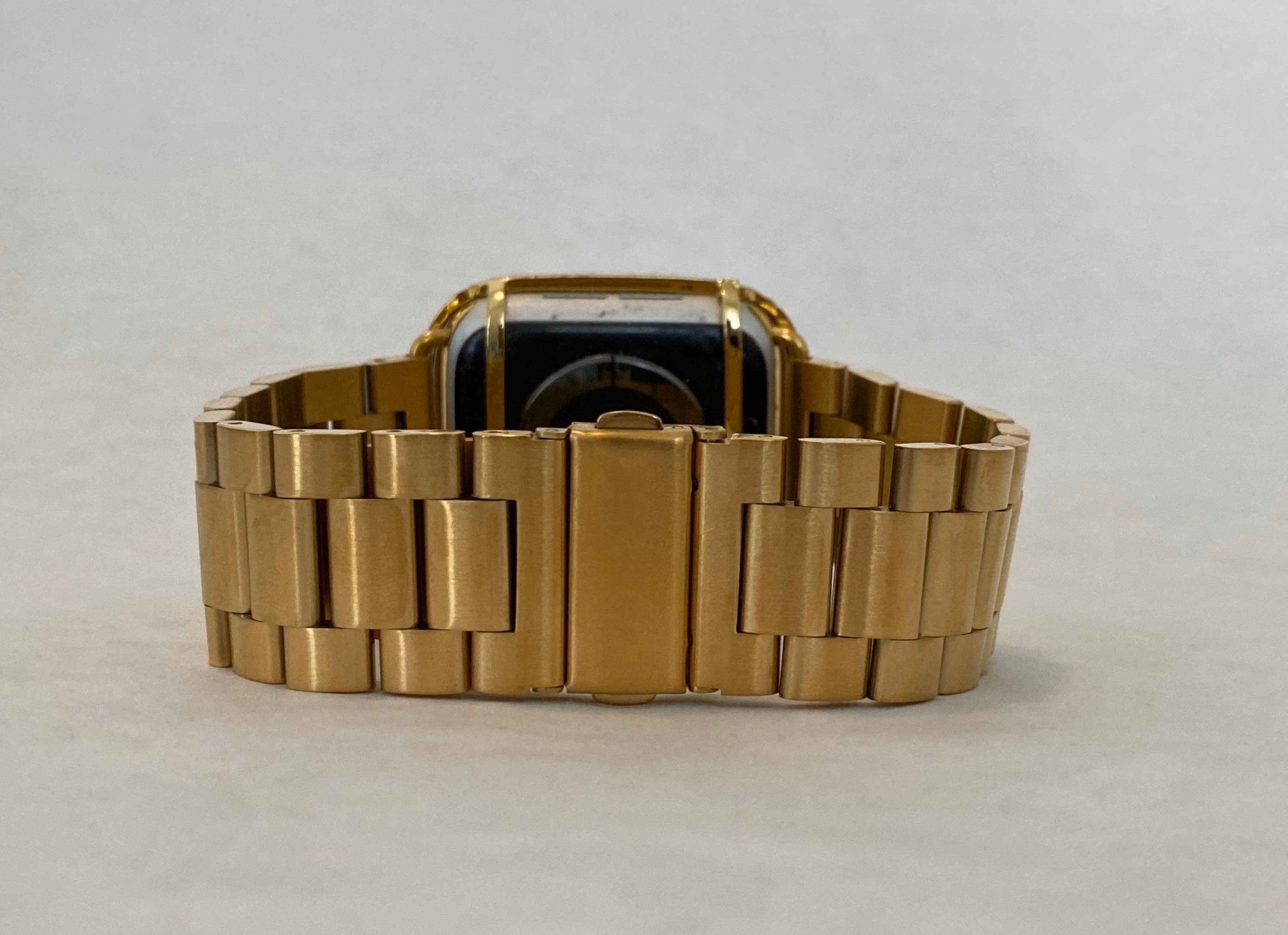 Apple Watch Band Mens Gold Stainless Style & or Apple Watch Cover Lab Diamond Bezel Case Smartwatch Bumper 38mm-49mm Ultra Series 1-8 SE
