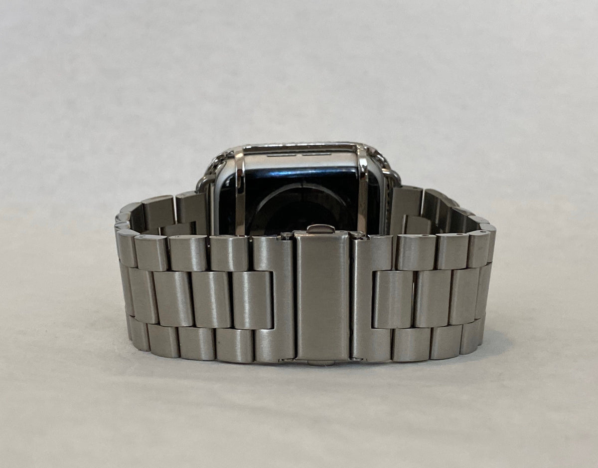 Series 10-12Apple Watch Band Silver Stainless Steel 38mm-49mm Ultra & or Apple Watch Case Lab Diamond Bezel Iphone Watch Cover Bling