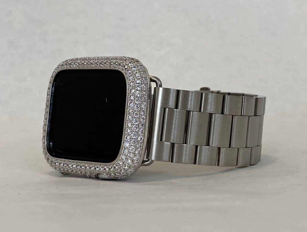 Apple Watch Band Silver Stainless Steel Style & or Iphone Apple Watch Cover Lab Diamond Bezel Iwatch Case 38mm-49mm Ultra Series 11