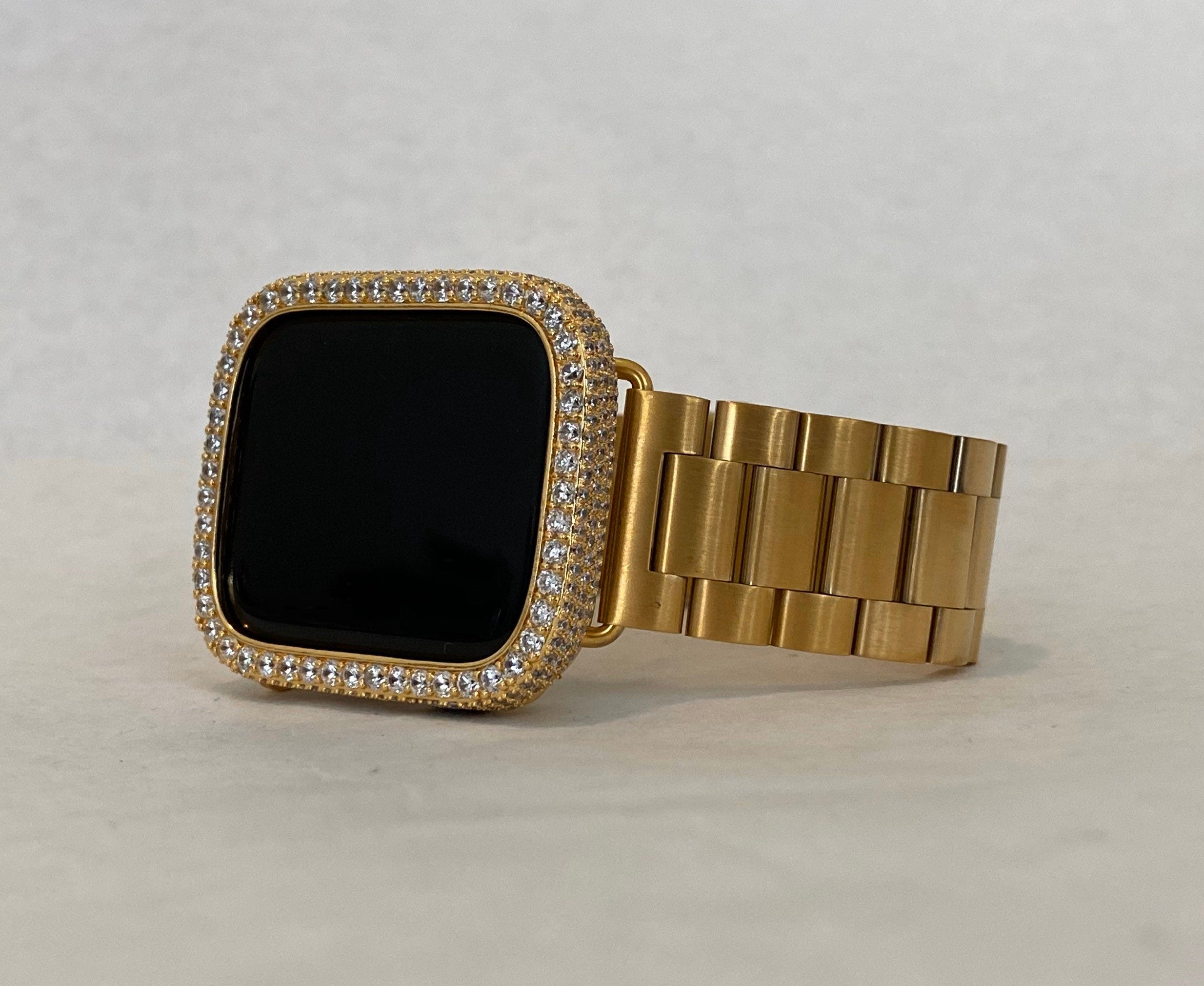 Custom Apple Watch Band Gold Stainless 38mm-49mm Ultra & or Iced Out Lab Diamond Bezel Cover Gift for Him Series 10-11