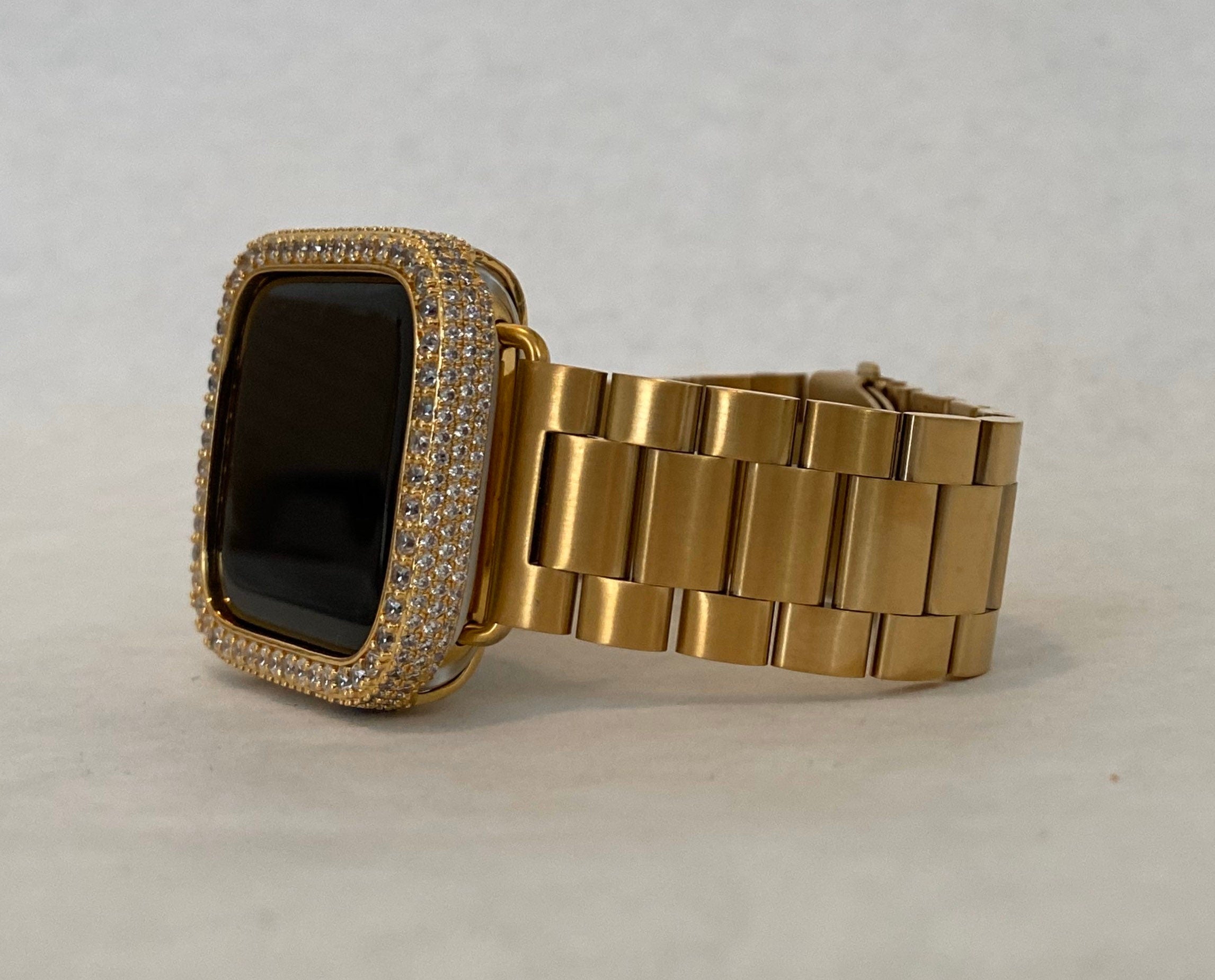 Custom Apple Watch Band Gold Stainless 38mm-49mm Ultra & or Iced Out Lab Diamond Bezel Cover Gift for Him Series 10-11