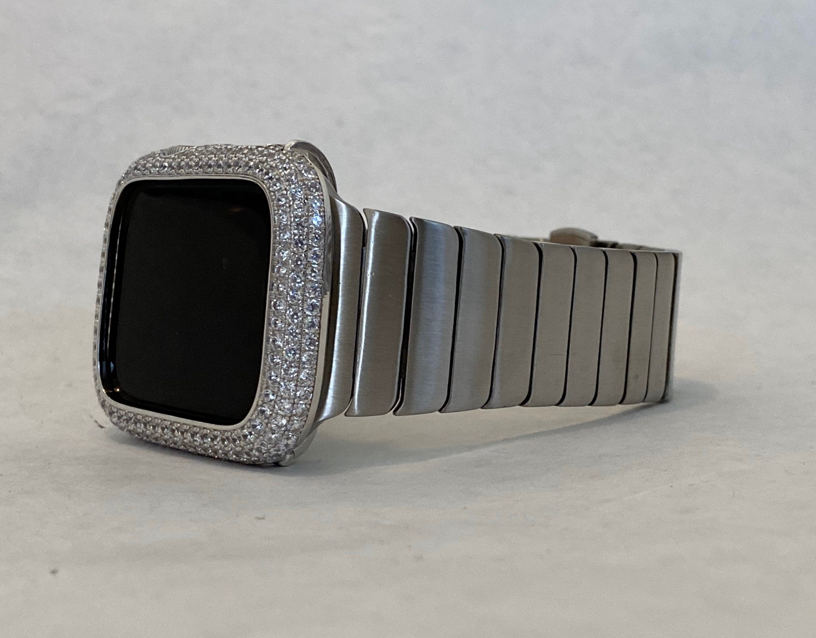Mens Apple Watch Band Silver 42mm 44mm 45mm 49mm Ultra Stainless Steel and or Apple Watch CoverLab Diamond Bezel Iwatch Bling Series
