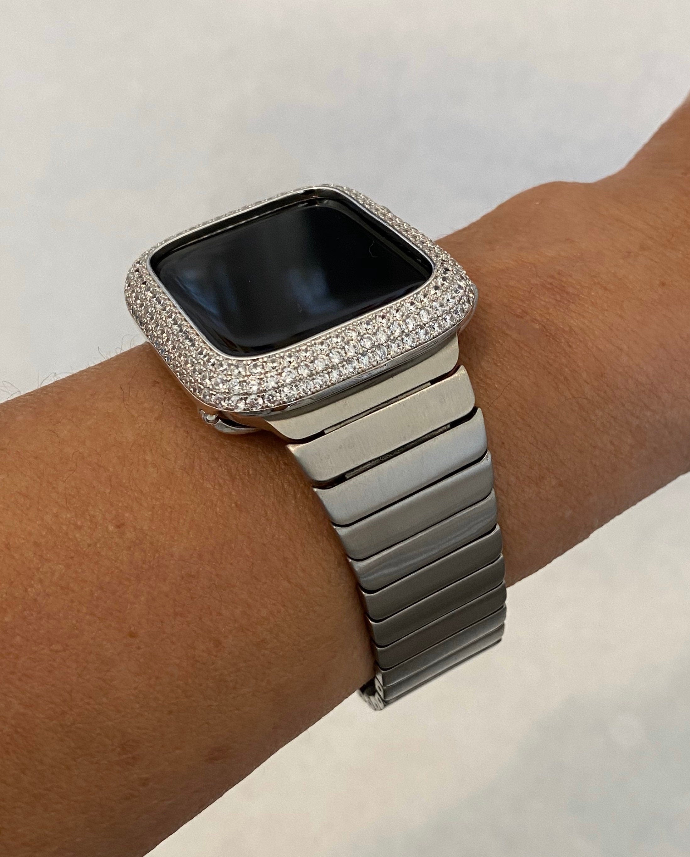 Mens Apple Watch Band Silver 42mm 44mm 45mm 49mm Ultra Stainless Steel and or Apple Watch CoverLab Diamond Bezel Iwatch Bling Series