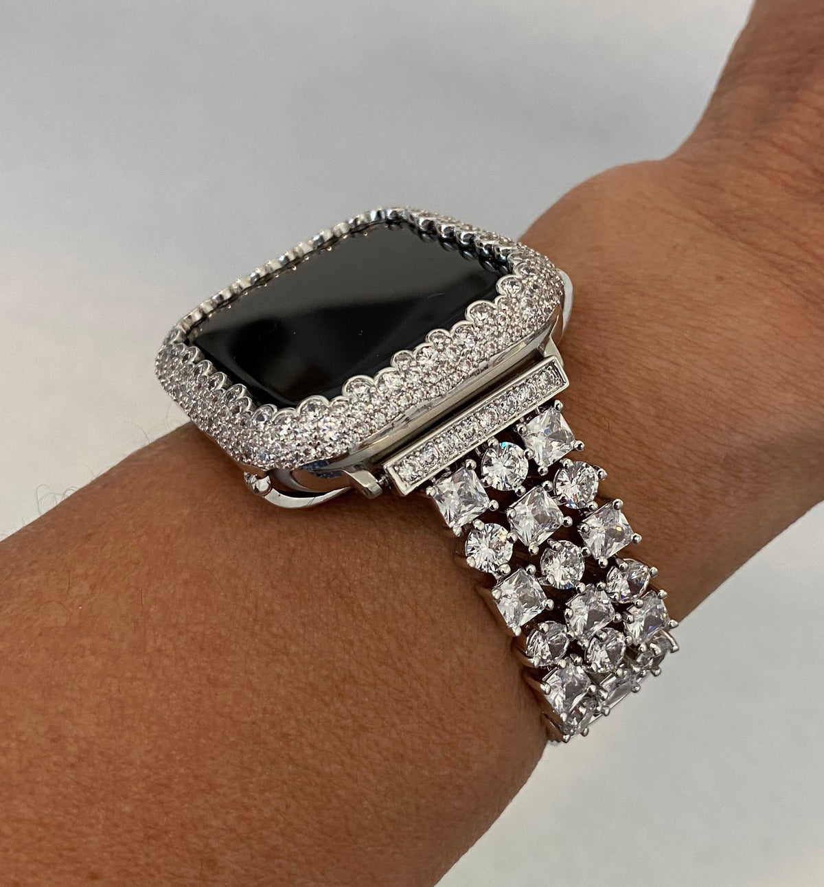 Silver Apple Watch Band 42mm 46mm Series 10 Women's Swarovski Crystal & or Apple Watch Cover Lab Diamond Bezel Iwatch Case 38mm-49mm Bling