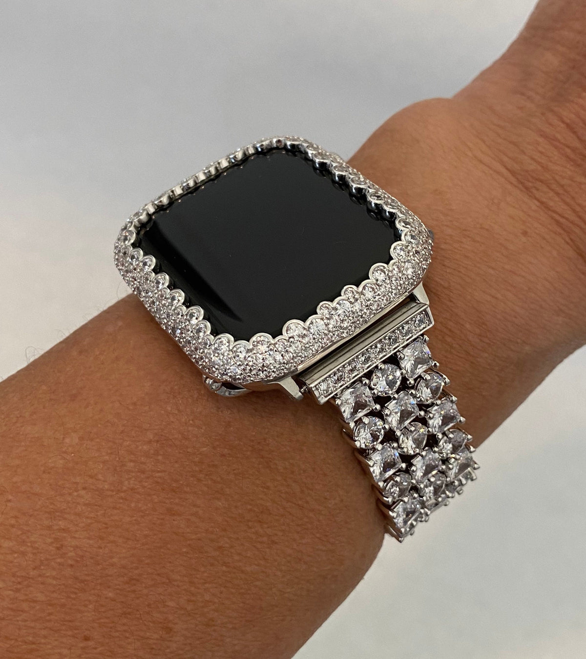 Silver Apple Watch Band 42mm 46mm Series 10 Women's Swarovski Crystal & or Apple Watch Cover Lab Diamond Bezel Iwatch Case 38mm-49mm Bling