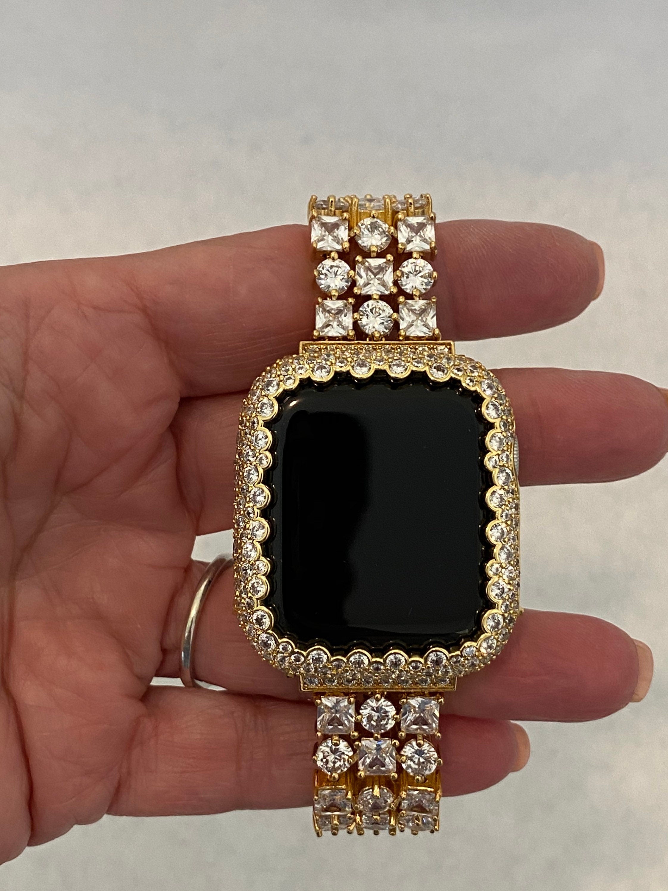 Custom Apple Watch Band Women's Gold 38mm 40mm 41mm 42mm 44mm 45mm 49mm Ultra & or Bezel Case Lab Diamonds Iwatch Bling Series 2-8