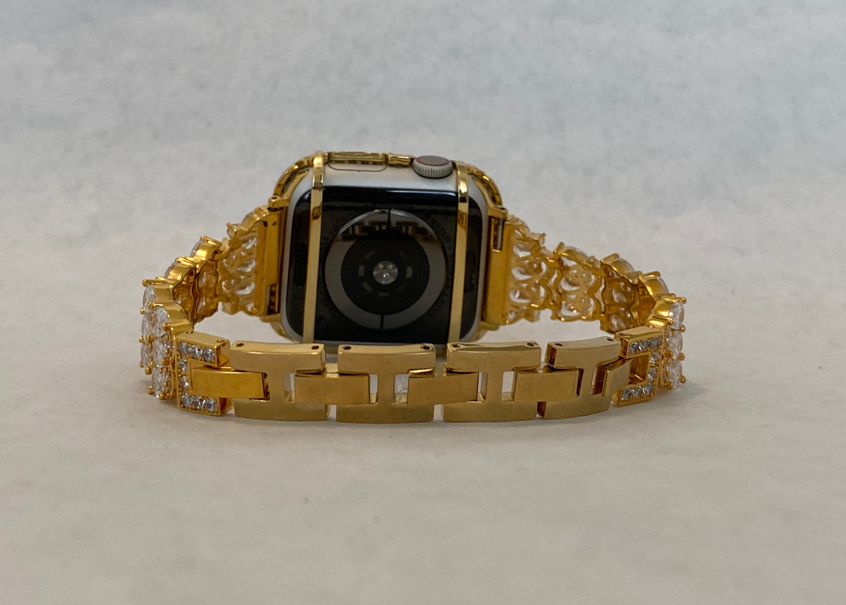 Designer Apple Watch Band Women Gold Swarovski Crystal & or Apple Watch Case Pave Lab Diamond Bezel Cover 38mm-49mm Smartwatch Bumper Bling