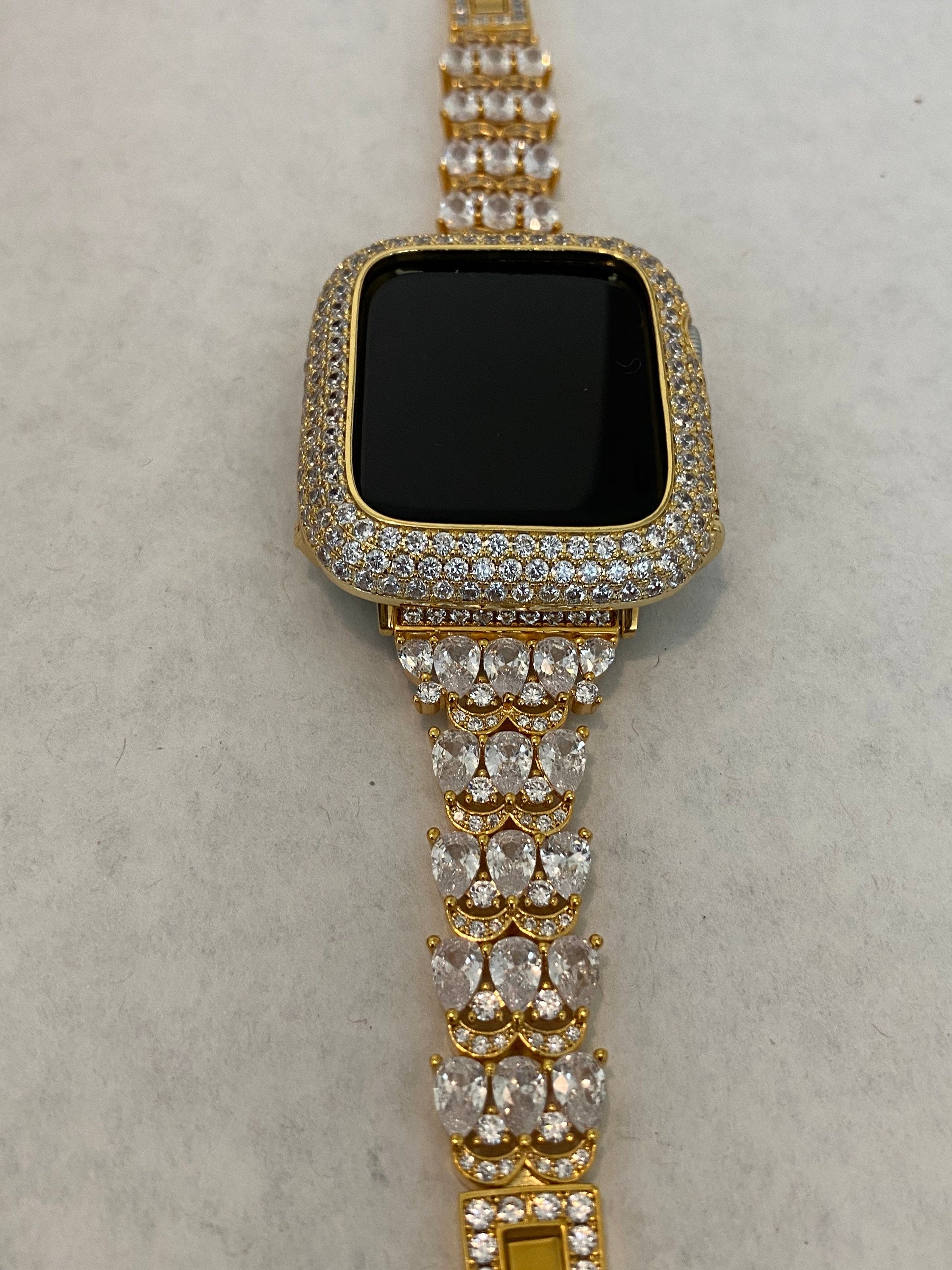 Designer Apple Watch Band Women's Gold Swarovski Crystals & or Pave Apple Watch Cover Lab Diamond Bezel Bumper Bling 38mm-49mm Iwatch Candy