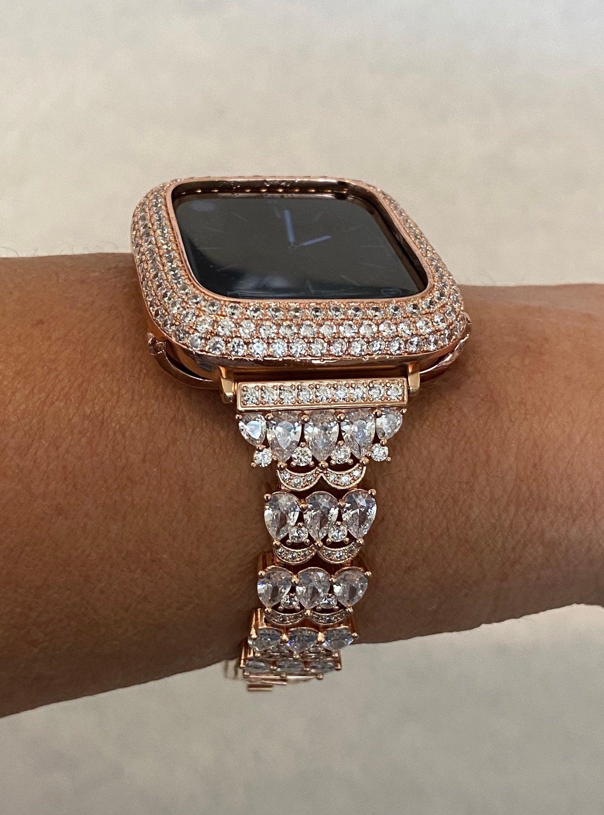 Apple Watch Band Rose Gold Swarovski Crystals & or Apple Watch Cover Lab Diamond Bezel Case Smartwatch Bumper Case 38-49mm Ultra
