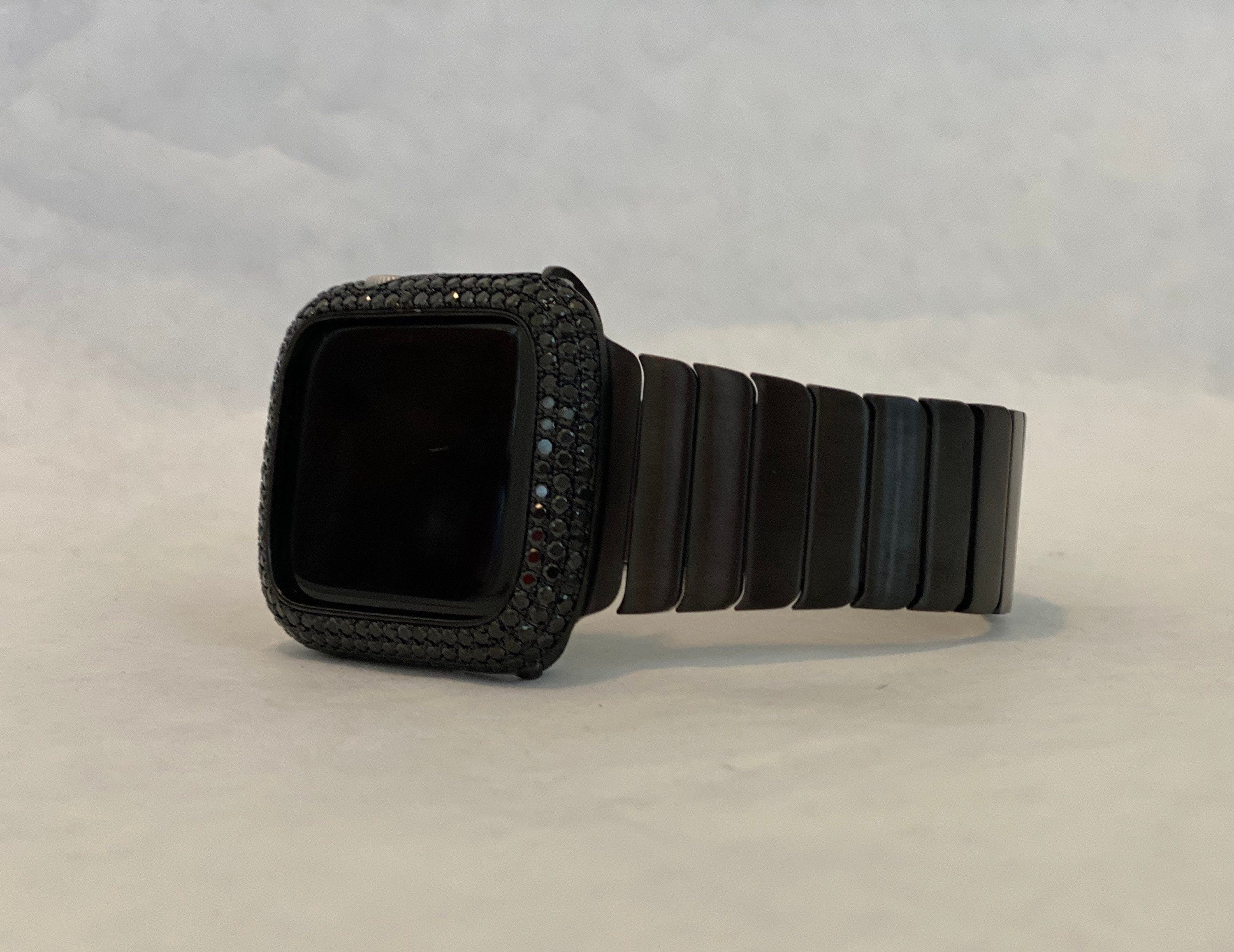 Black Apple Watch Band 49mm Ultra Mens Stainless Steel & or Apple Watch Cover Lab Diamond Bezel Case Bling 42mm 44mm 45mm