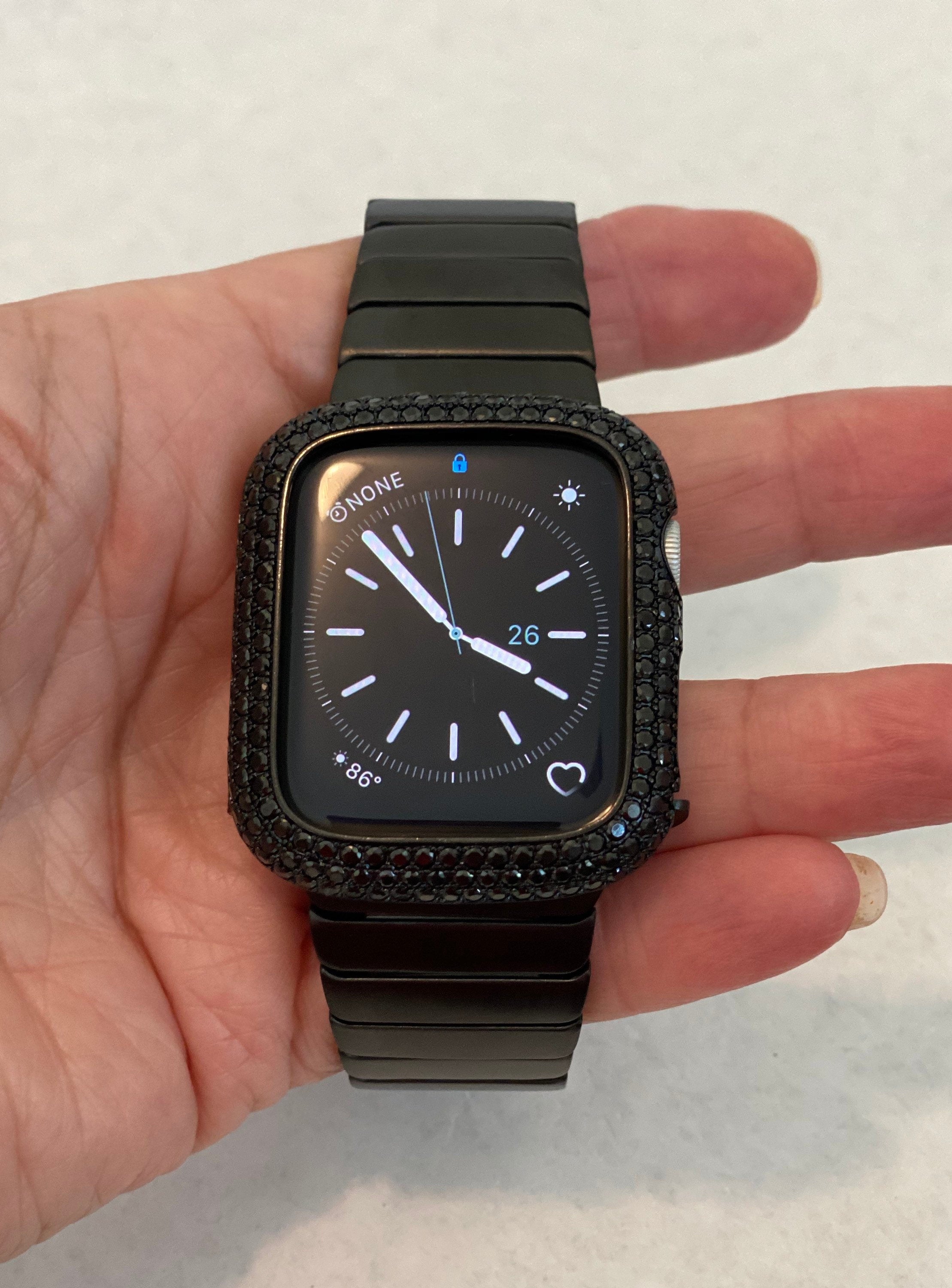 Black Apple Watch Band 49mm Ultra Mens Stainless Steel & or Apple Watch Cover Lab Diamond Bezel Case Bling 42mm 44mm 45mm 46mm Series 10