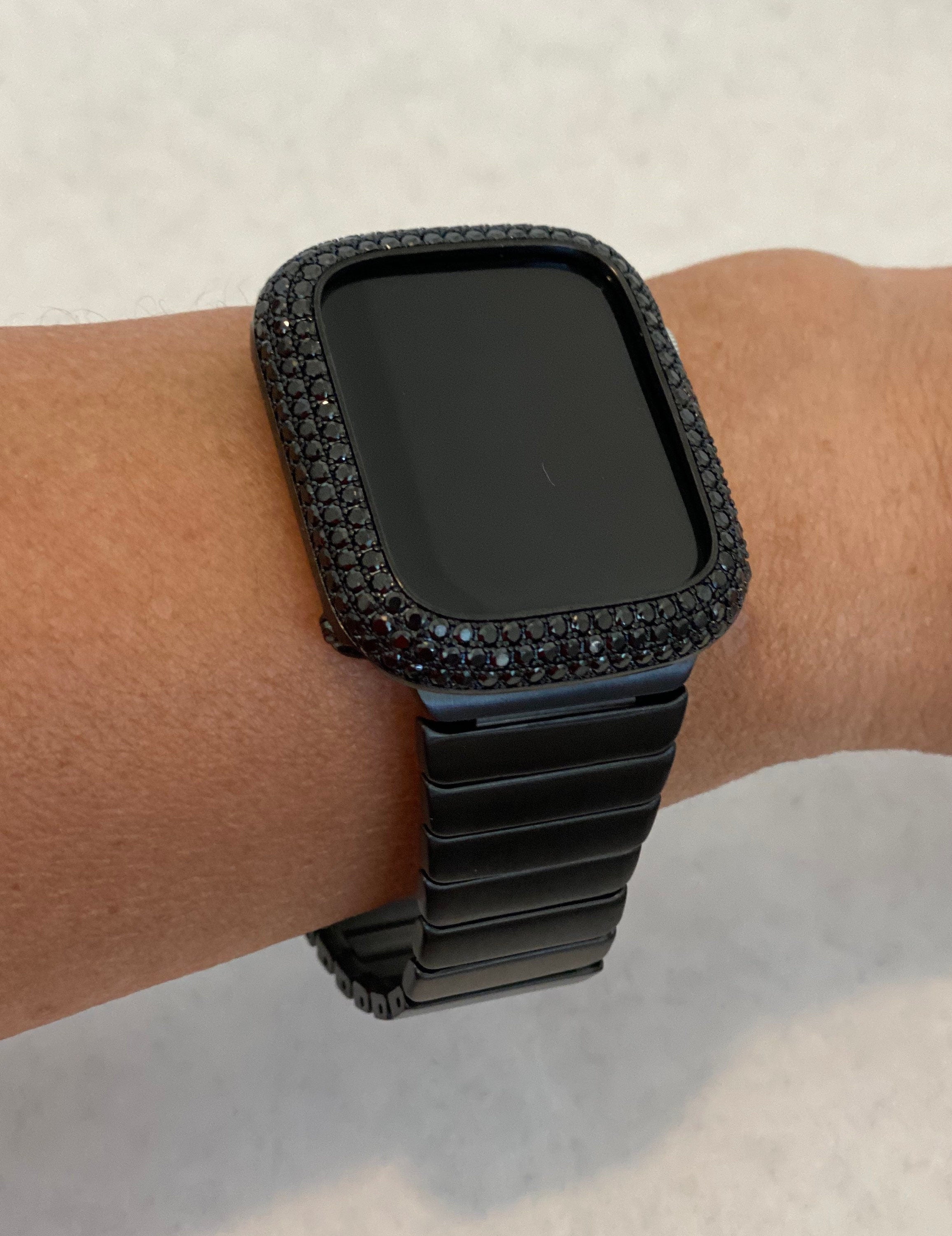 Black Apple Watch Band 49mm Ultra Mens Stainless Steel & or Apple Watch Cover Lab Diamond Bezel Case Bling 42mm 44mm 45mm 46mm Series 10