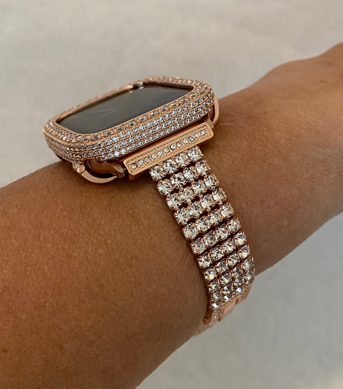 Apple Watch Band Series 12 Rose Gold Swarovski Crystals & or Apple Watch Cover Lab Diamond Bezel Case Smartwatch Bumper Bling 38mm-49mm