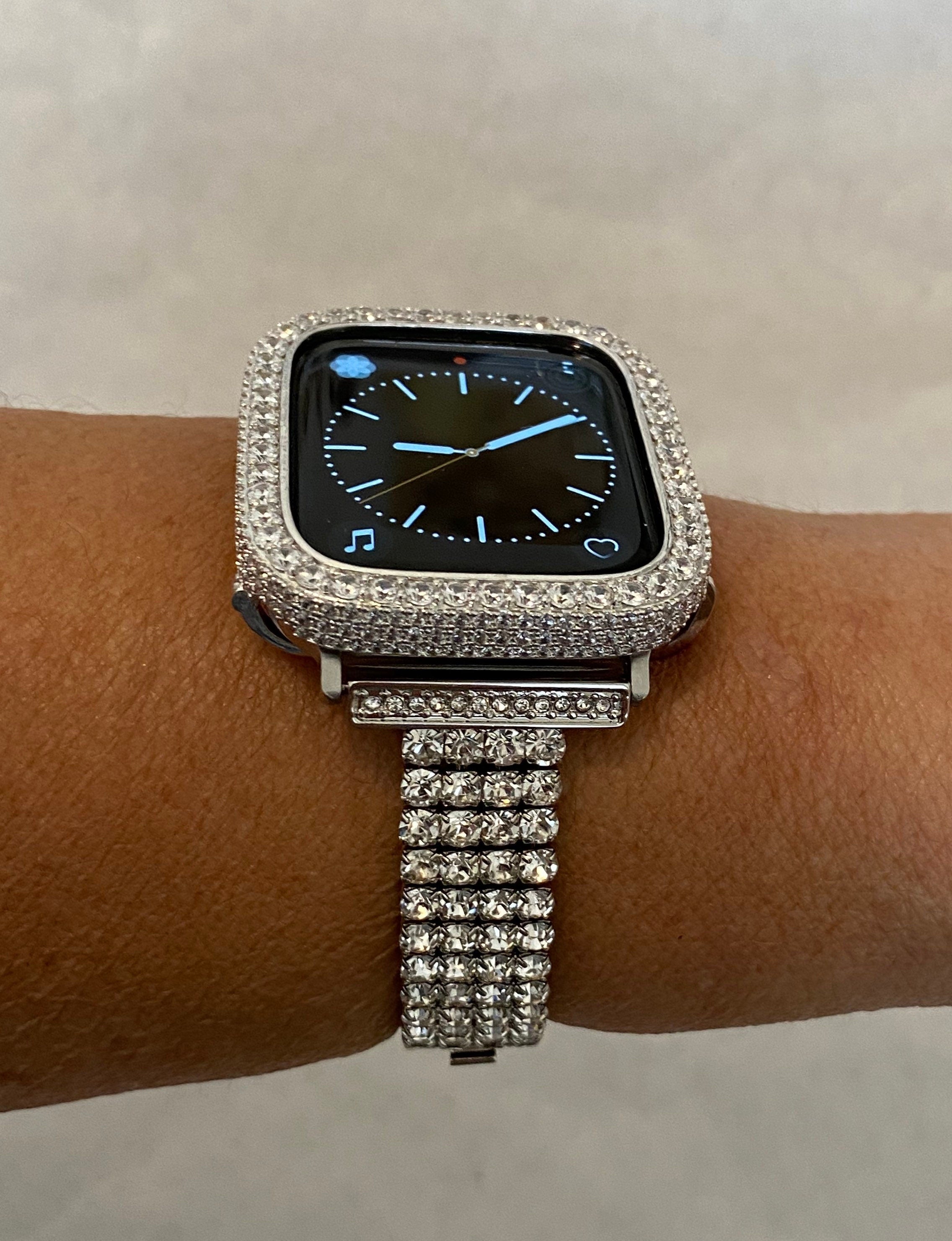 Silver Apple Watch Band Bracelet Womens Swarovski Crystals & or Apple Watch Case Lab Diamond Bezel for Iphone Watch 38mm-49mm Ultra Bling