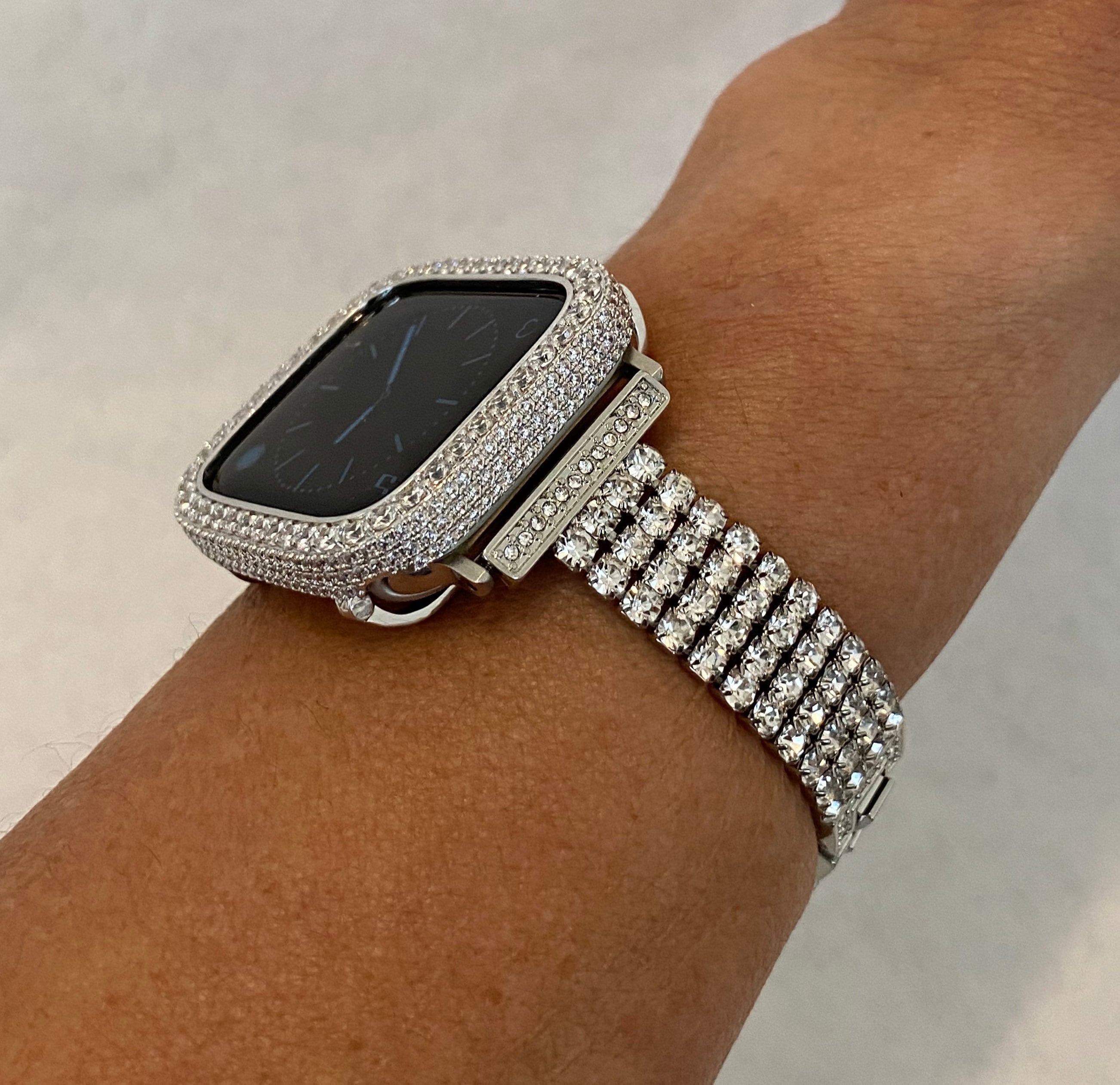 Silver Apple Watch Band Bracelet Womens Swarovski Crystals & or Apple Watch Case Lab Diamond Bezel for Iphone Watch 38mm-49mm Ultra Bling