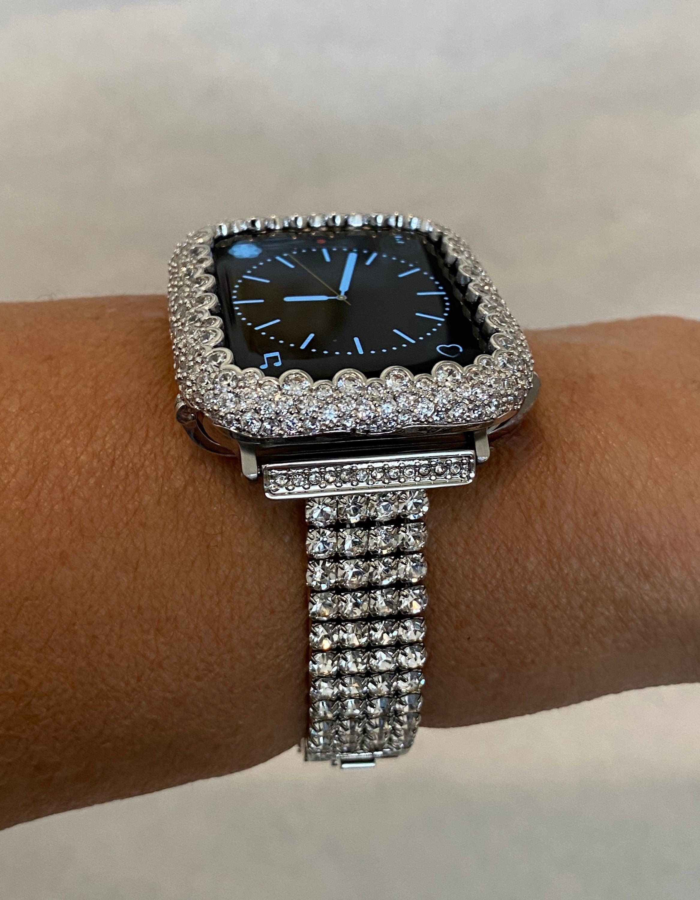 42mm 46mm Apple Watch Band Women Silver Swarovski Crystal & or White Gold Apple Case for Iphone Watch 38mm - 49mm Iwatch Candy Bling Cover