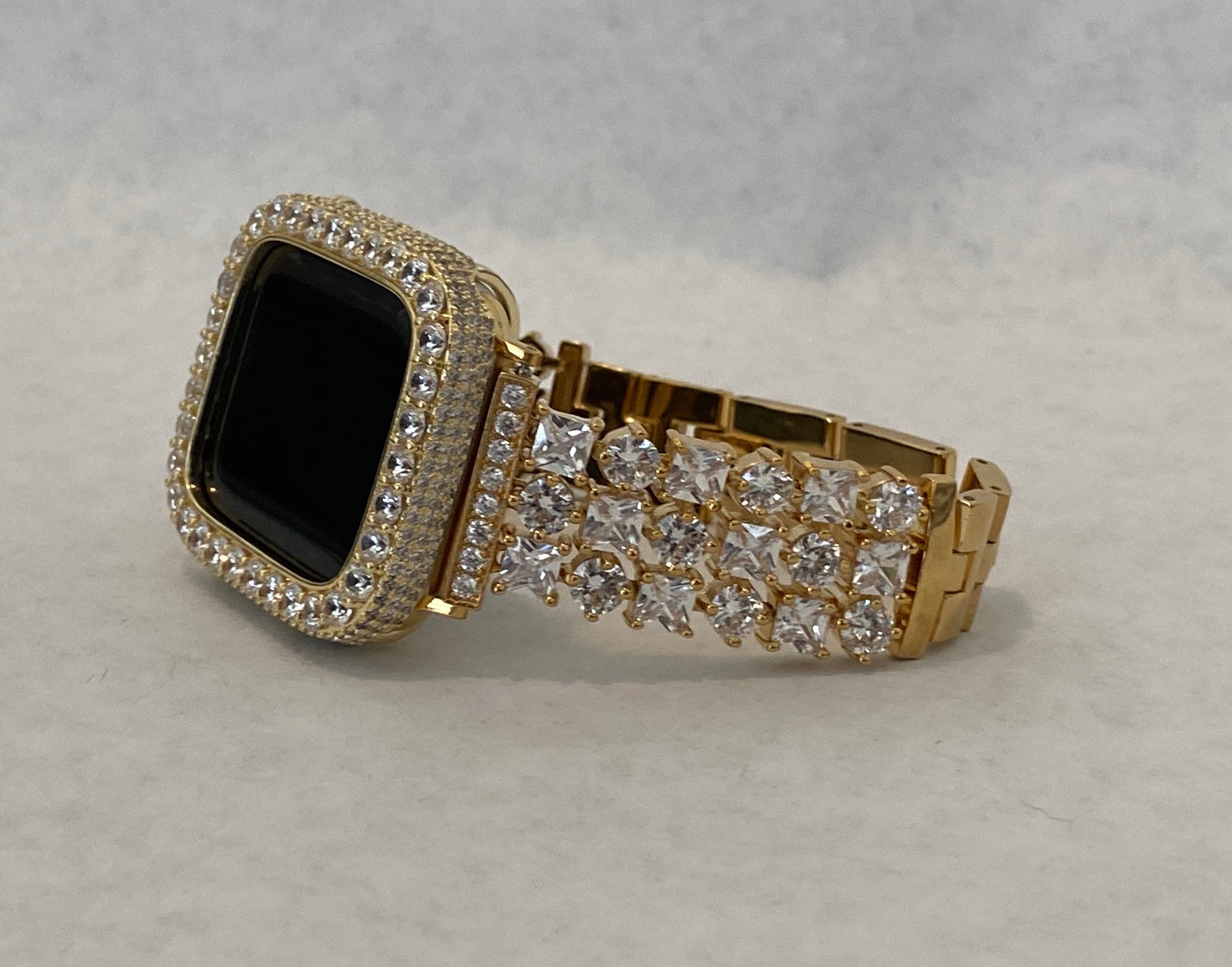 Series 2-9 Apple Watch Band Gold Swarovski Crystals & or Lab Diamond Bezel Cover 38 40 41 42 44 45mm Smartwatch Bumper Bling