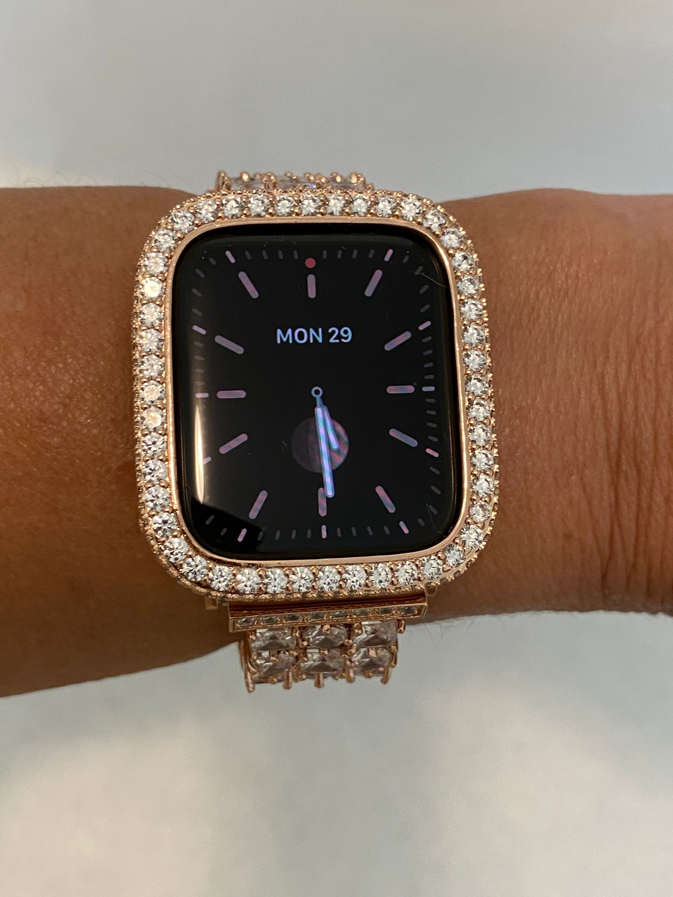 Series 1-8 Apple Watch Bezel Cover for Iwatch Band Bling with 2.5mm Lab Diamonds in Rose Gold Metal Case 38mm-49mm Ultra