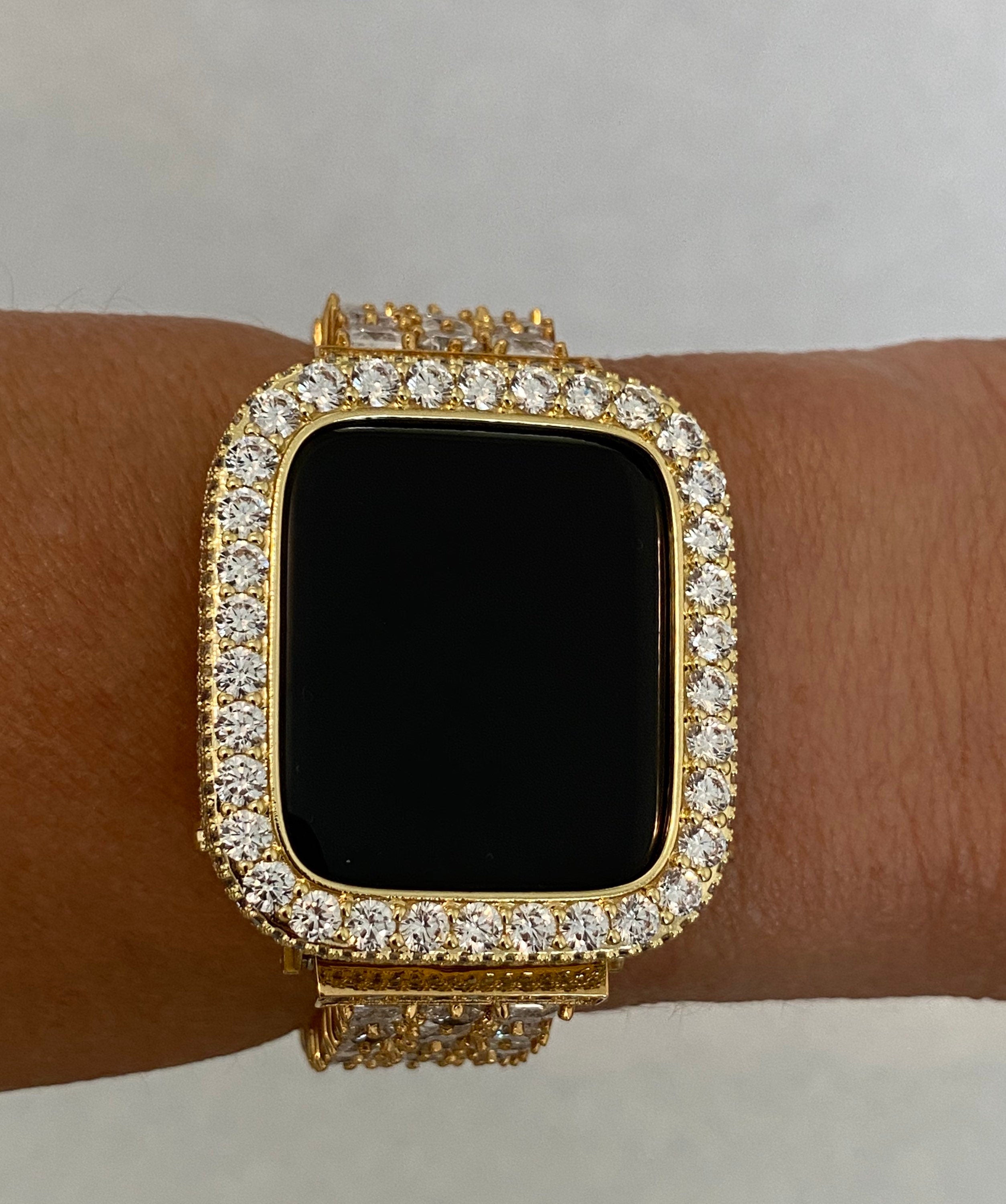 Series 2-9 Apple Watch Band Gold Swarovski Crystals & or Lab Diamond Bezel Cover 38 40 41 42 44 45mm Smartwatch Bumper Bling