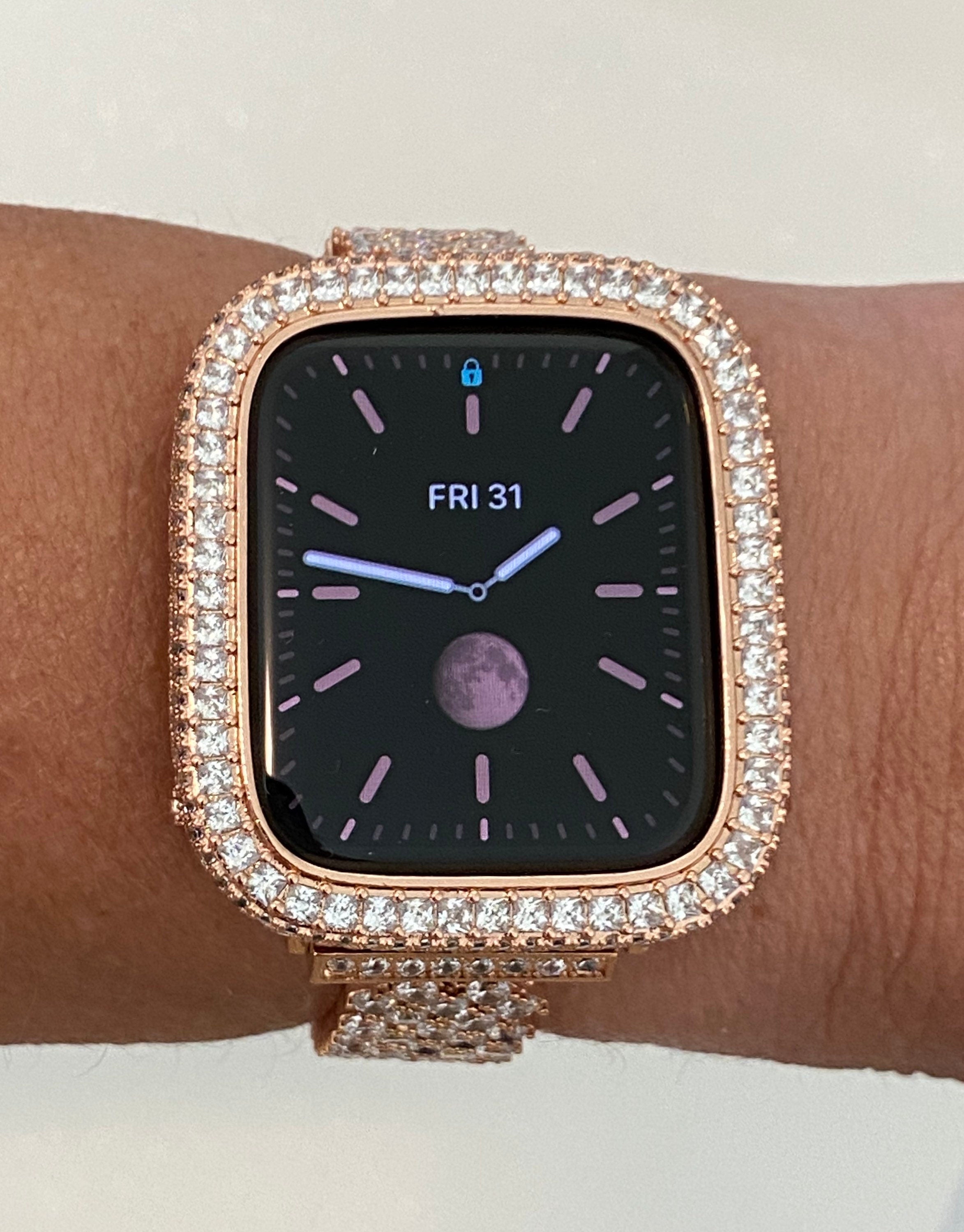 Rose Gold Apple Watch Cover with 2.5mm Square Lab Diamonds Apple Watch Case Smartwatch Bumper Bling 40mm 44mm Iwatch Candy Series 4-6