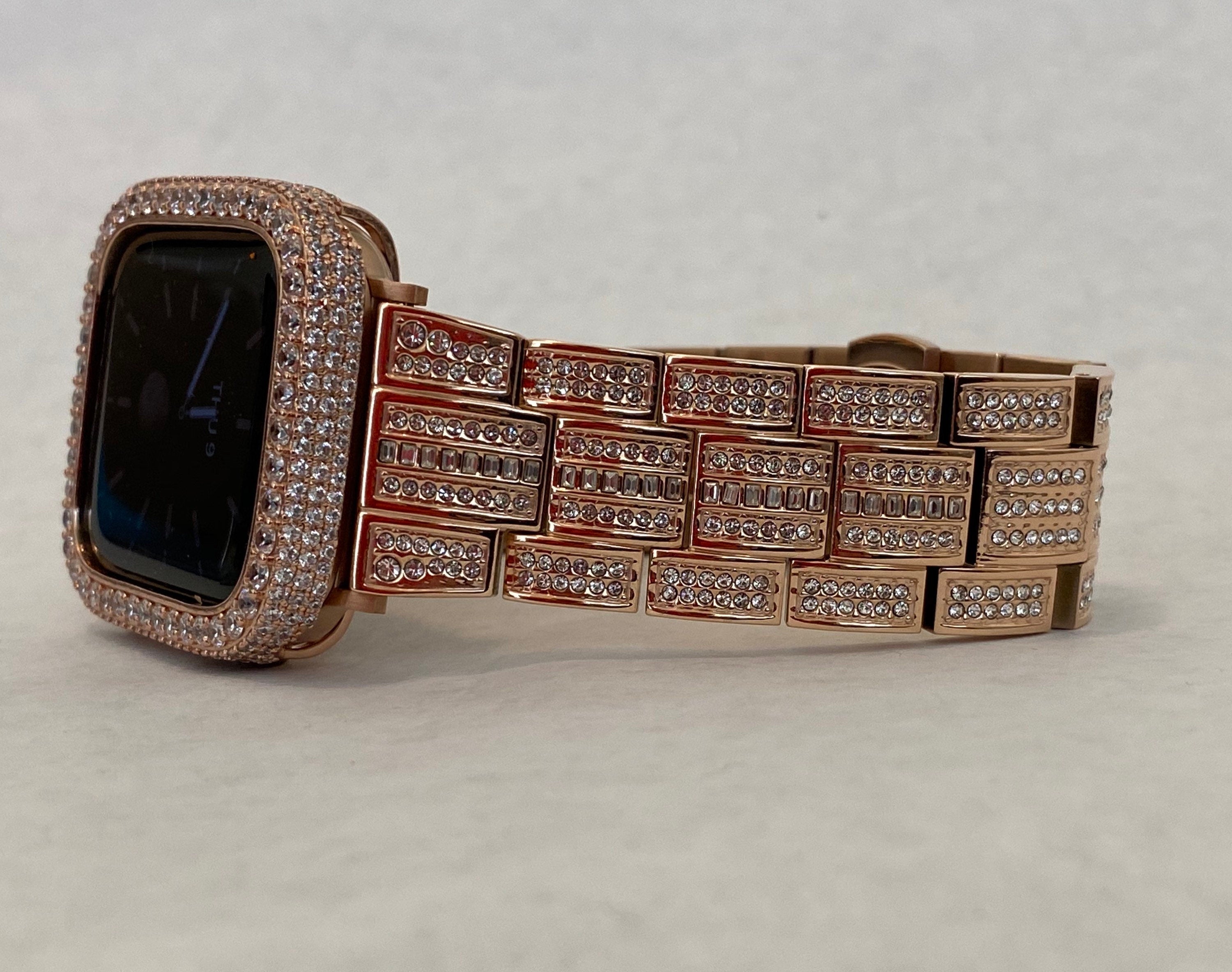Rose Gold Apple Watch Band Stainless Steel Swarovski Crystals & or Apple Watch Case Lab Diamond Pave Bezel Cover 38mm-45mm Series 2-11