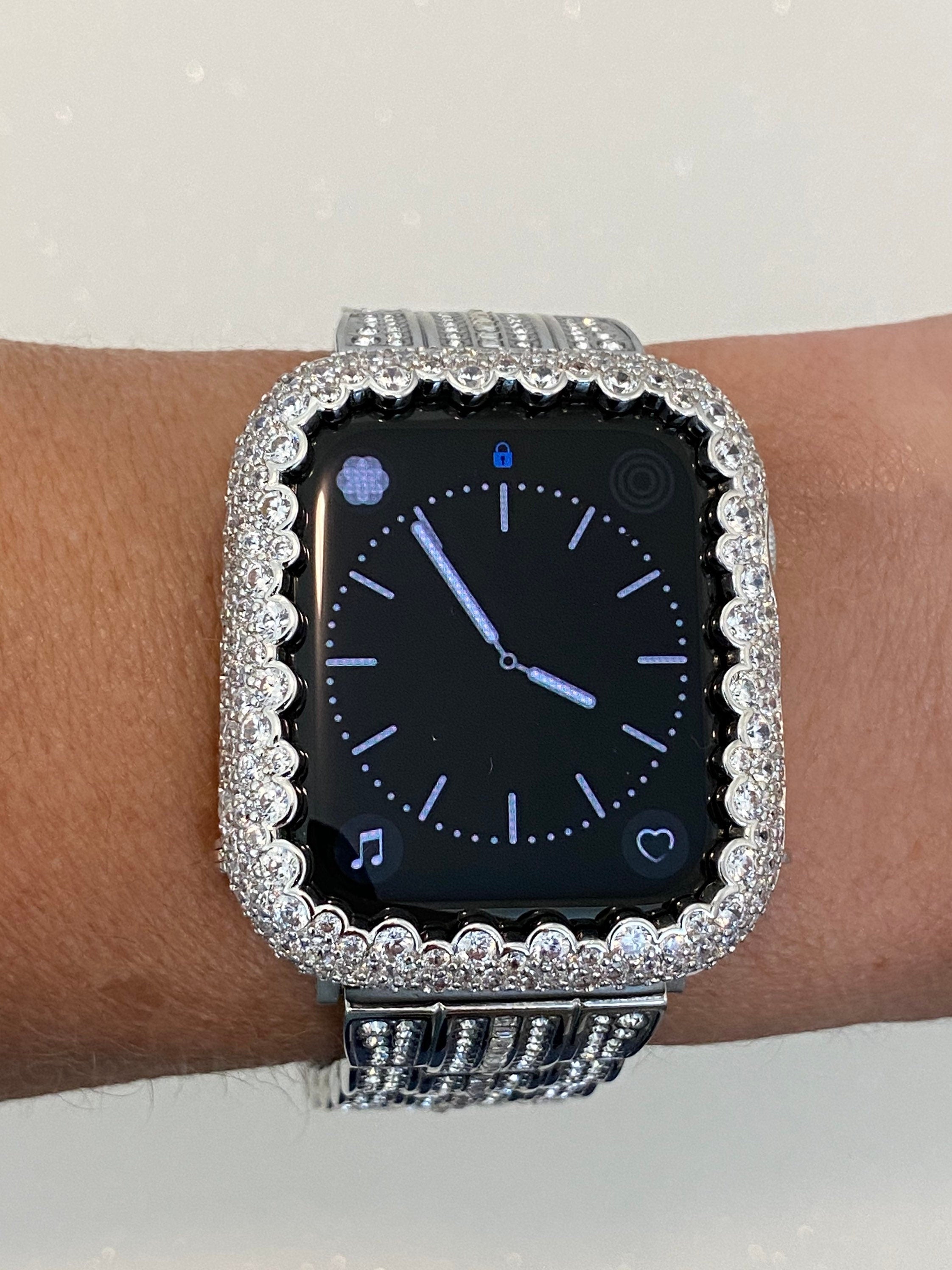 Iwatch Candy Designer Apple Watch Bezel Cover Women Silver Lab Diamonds Apple Watch Case Metal  14k White Gold Metal Bling Crystal Bling Series 1,2,3,4,5,6,7,8 Ultra 49mm