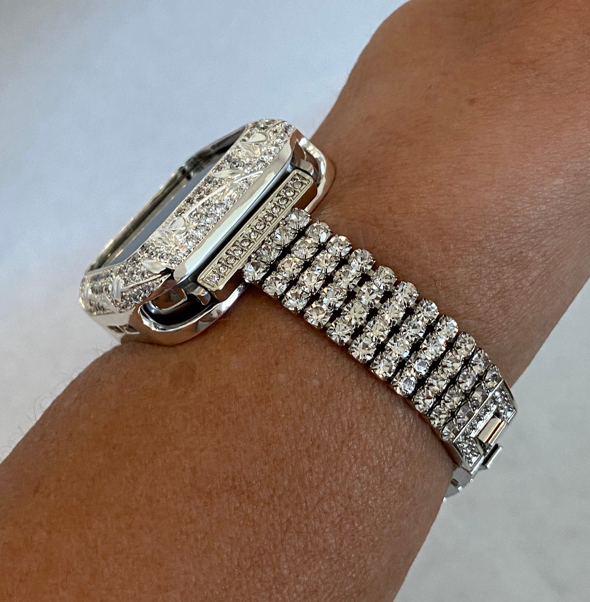 Series 2-12 Apple Watch Band Women Swarovski Crystals Silver & or Apple Watch Case for Iphone Watch 38mm-45mm Smartwatch Bumper Case Bling