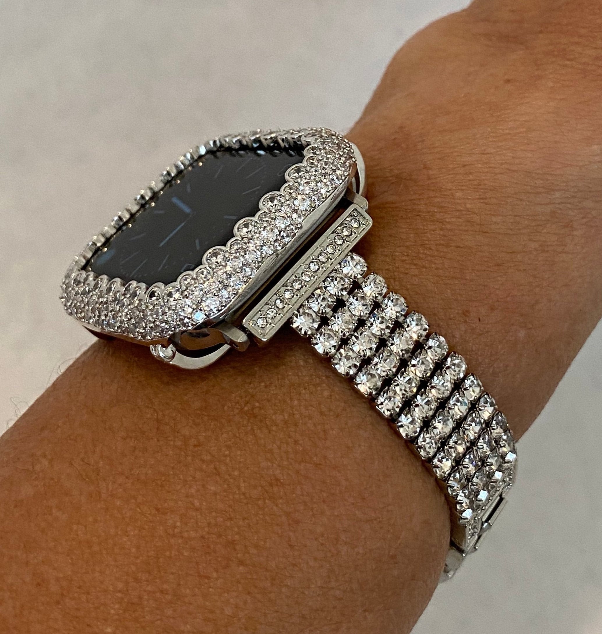 42mm 46mm Apple Watch Band Women Silver Swarovski Crystal & or White Gold Apple Case for Iphone Watch 38mm - 49mm Iwatch Candy Bling Cover
