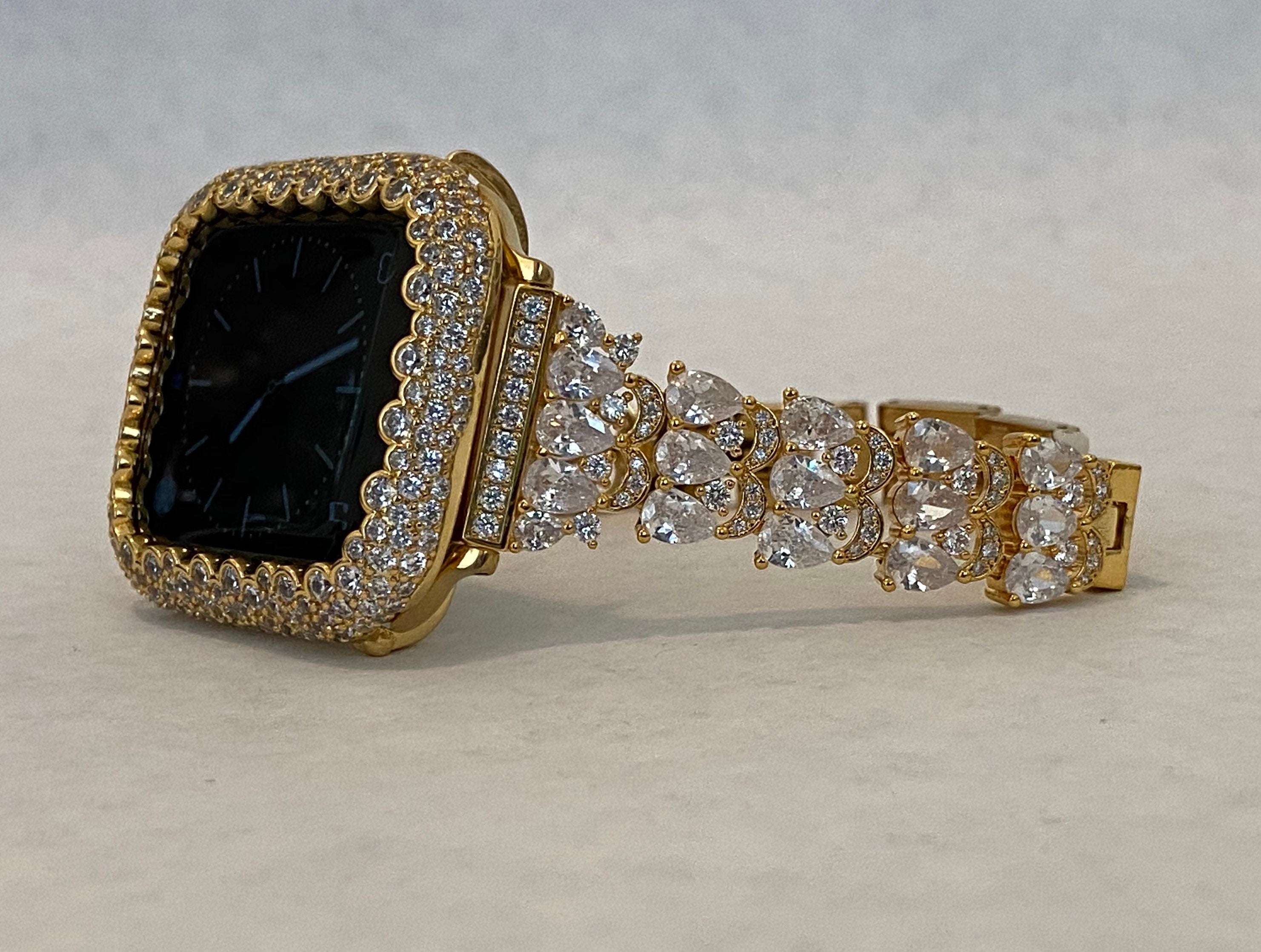 Designer Apple Watch Band Women Gold Swarovski Crystal & or Apple Watch Case Pave Lab Diamond Bezel Cover 38mm-49mm Smartwatch Bumper Bling