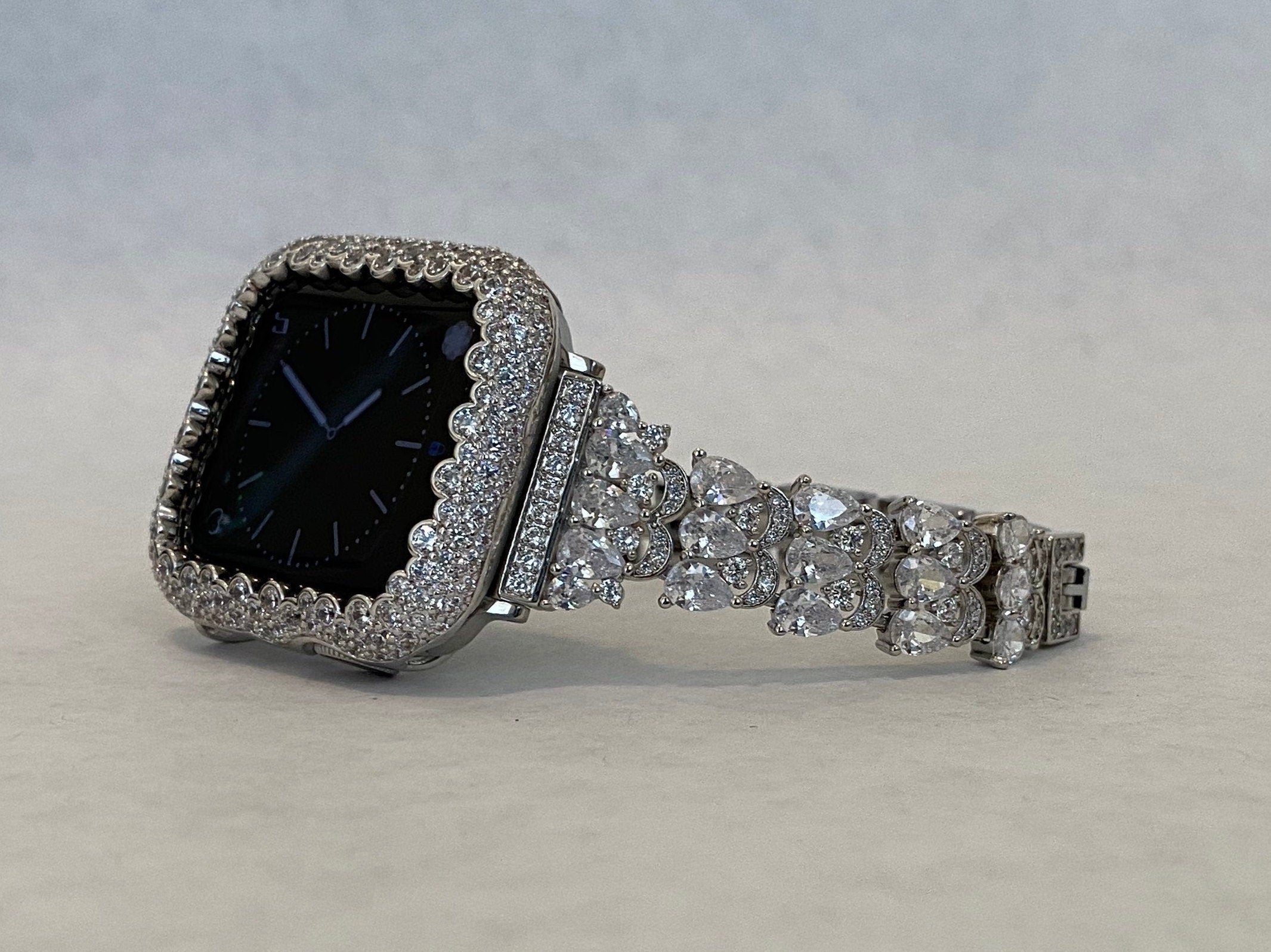 White Gold Apple Watch Band 41mm Women Silver Swarovski Crystals & or Apple Watch Cover Lab Diamond Bezel Apple Watch Case 38mm - 49mm Ultra