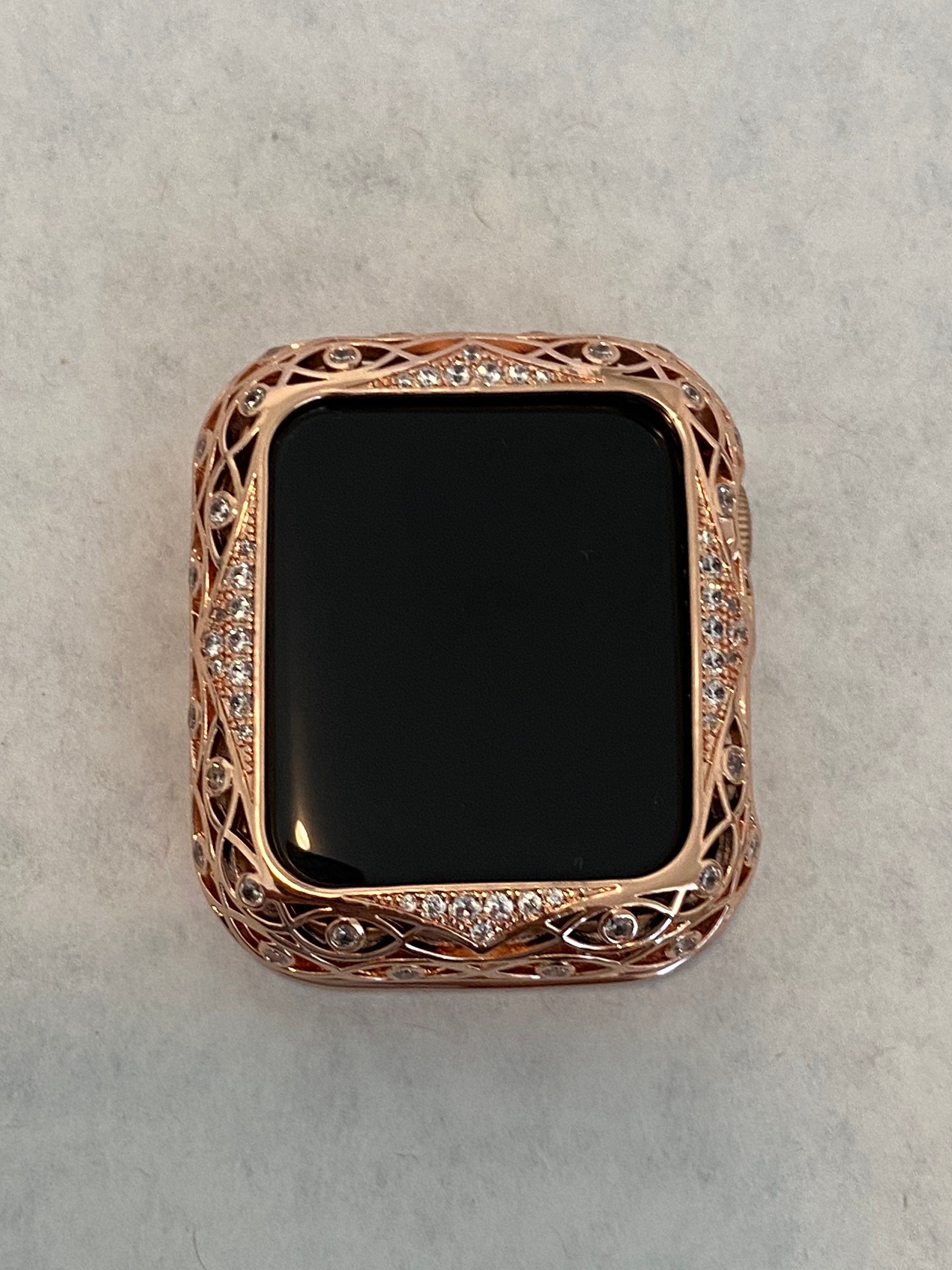 41mm 45mm Rose Gold Apple Watch Bezel Bumper Swarovski Crystals, Smartwatch Case Cover Lace 38mm 40mm 42mm 44mm