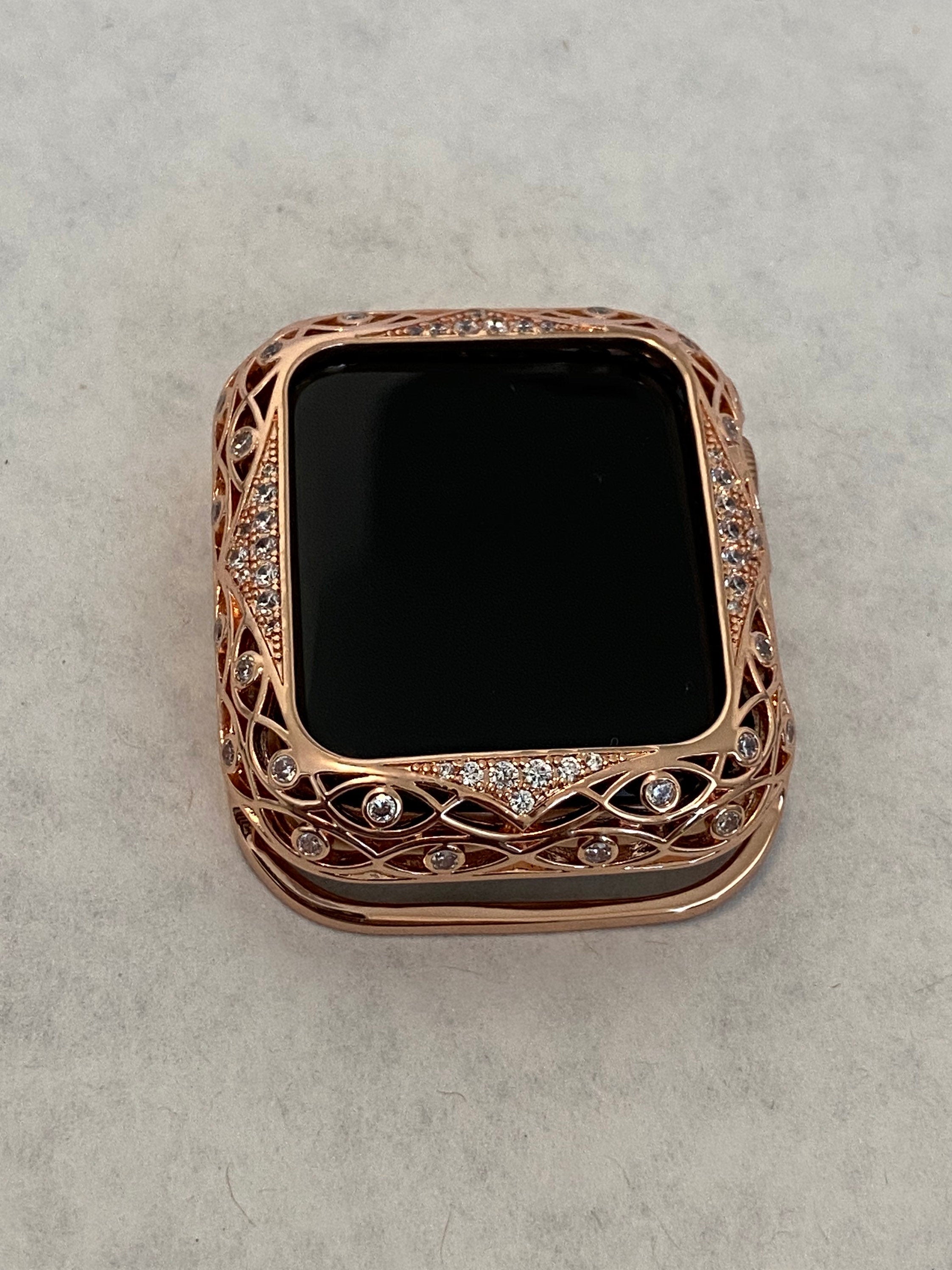 41mm 45mm Rose Gold Apple Watch Case Swarovski Crystal Bumper, Smartwatch Cover Lace 38mm 40mm 42mm 44mm Gift for her Iwatch Candy