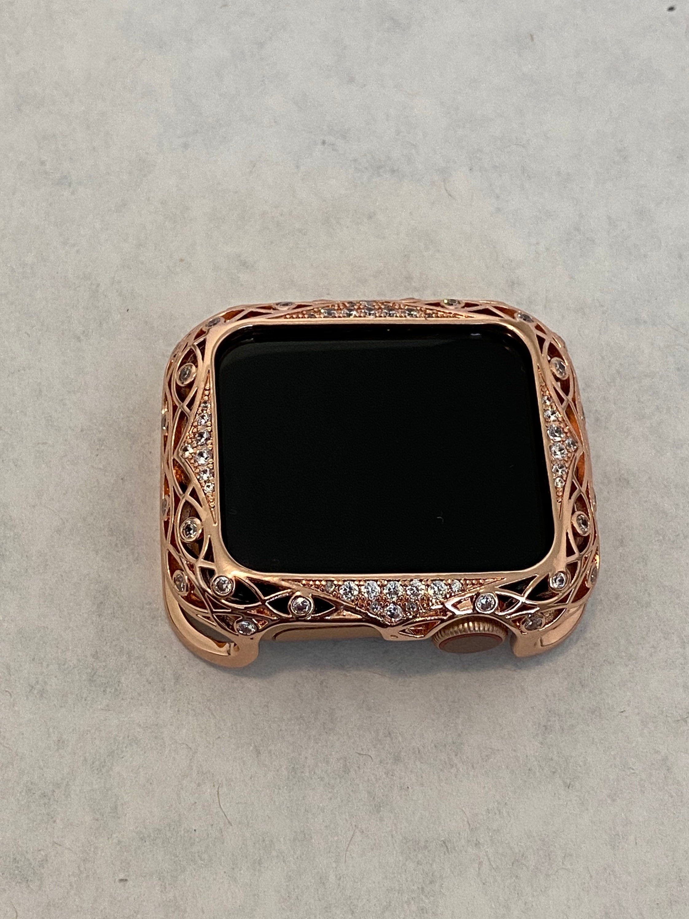 41mm 45mm Rose Gold Apple Watch Case Swarovski Crystal Bumper, Smartwatch Cover Lace 38mm 40mm 42mm 44mm Gift for her Iwatch Candy