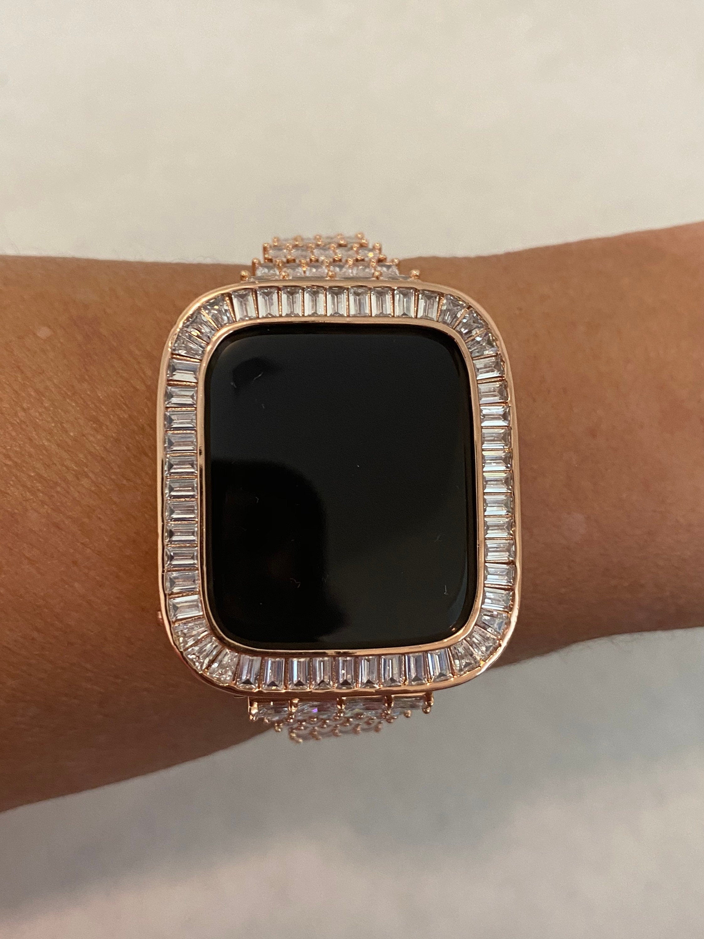 Series 2-9 Apple Watch Band Rose Gold Baguette Swarovski Crystals & or Apple Watch Case Lab Diamond Bezel Apple WatchCover 38mm-45mm Bling