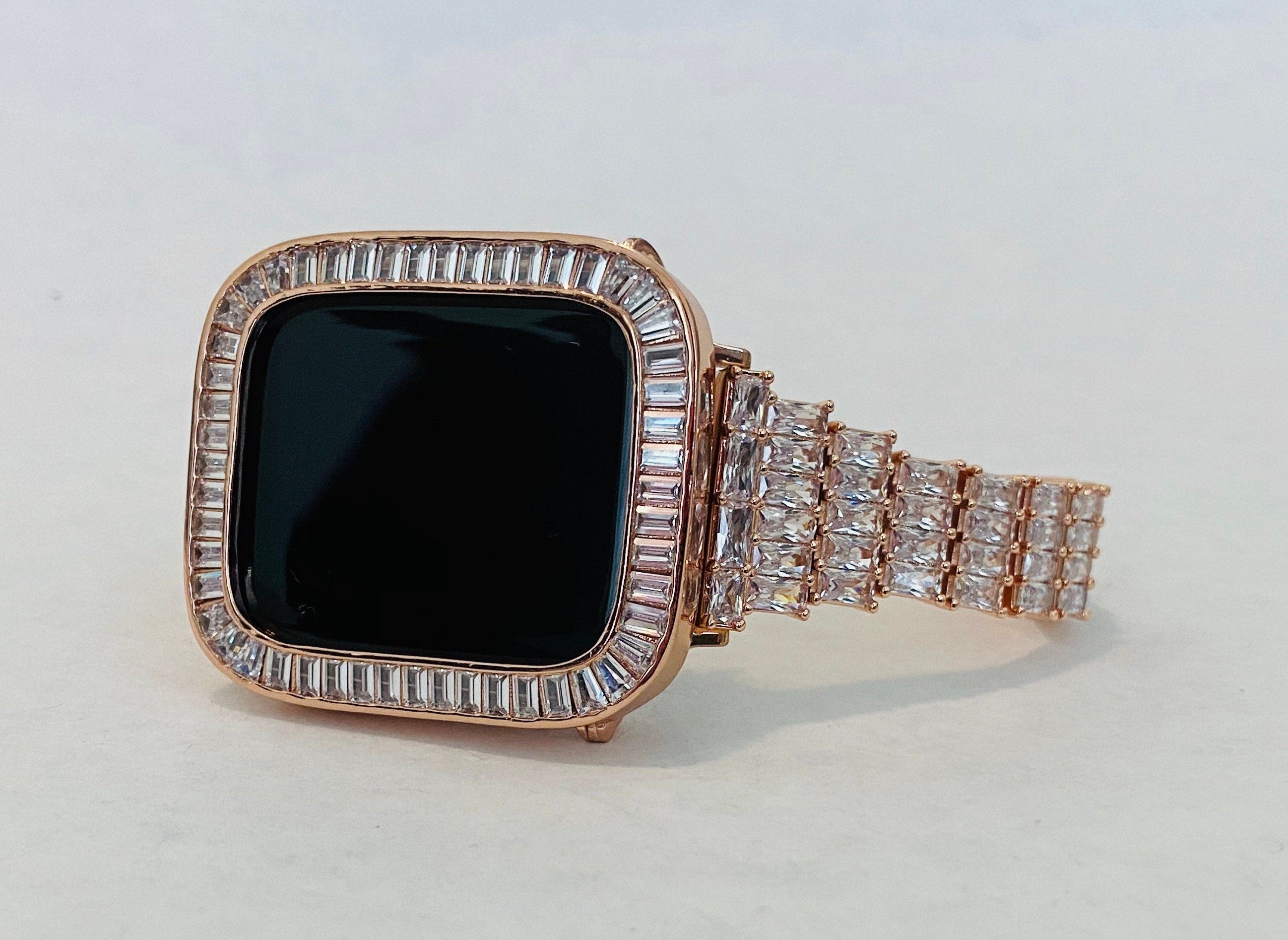 Series 2-9 Apple Watch Band Rose Gold Baguette Swarovski Crystals & or Apple Watch Case Lab Diamond Bezel Apple WatchCover 38mm-45mm Bling