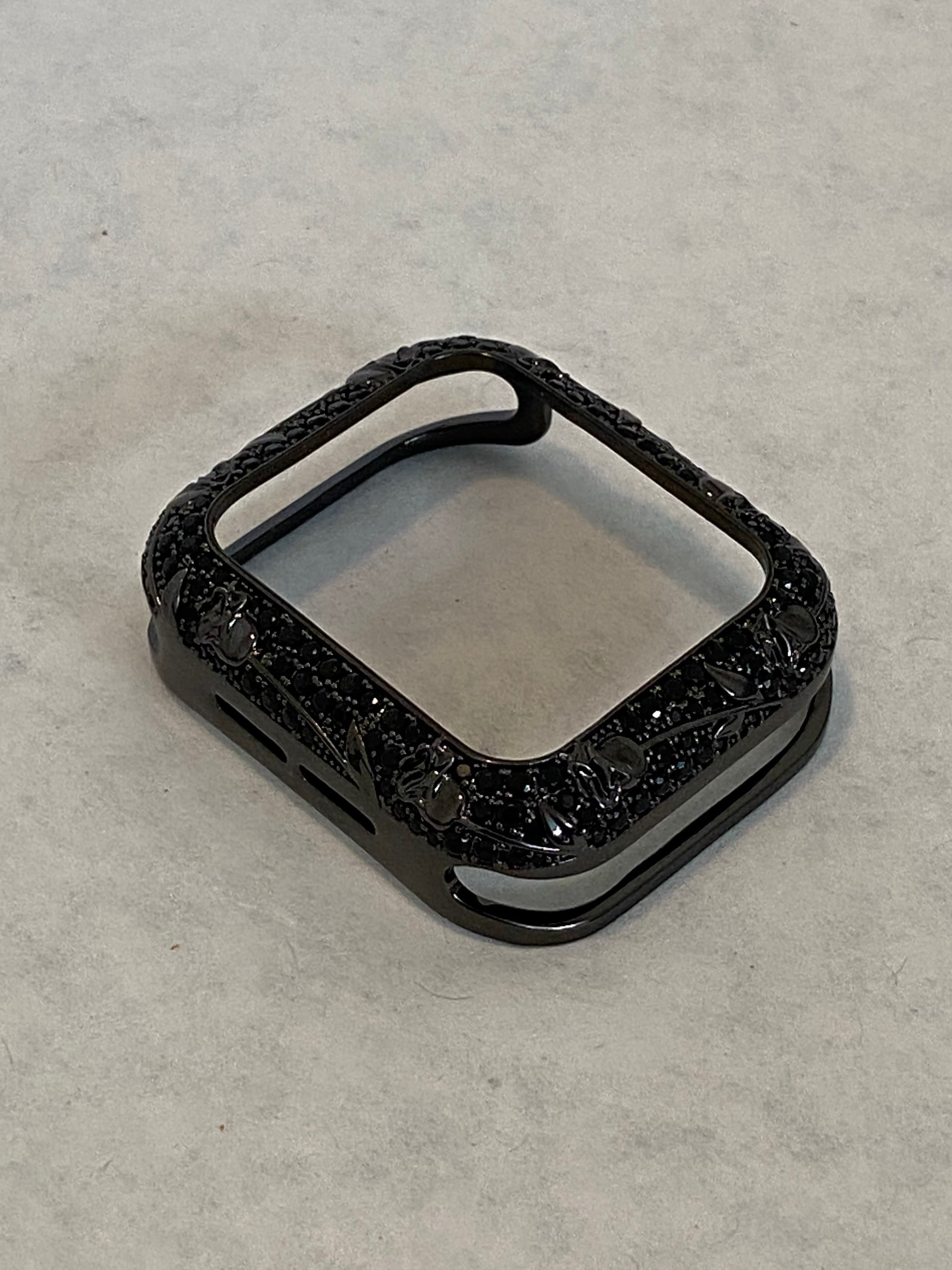 Black Apple Watch Cover Swarovski Crystals Floral Design for Iphone Watch Case Protective Watch Coverm 38mm-45mm Series 2-9 Iwatch Candy