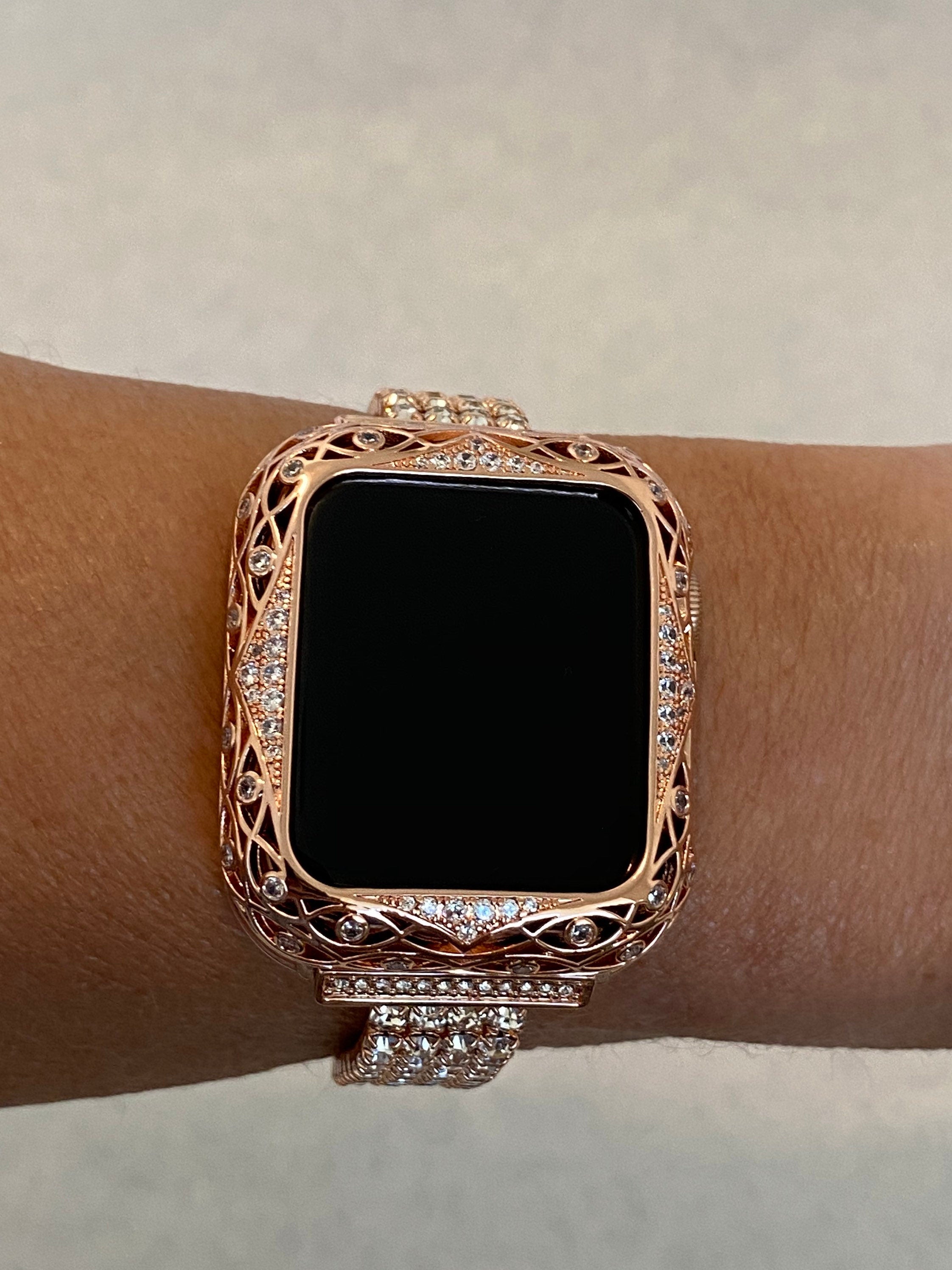 41mm 45mm Rose Gold Apple Watch Bezel Bumper Swarovski Crystals, Smartwatch Case Cover Lace 38mm 40mm 42mm 44mm