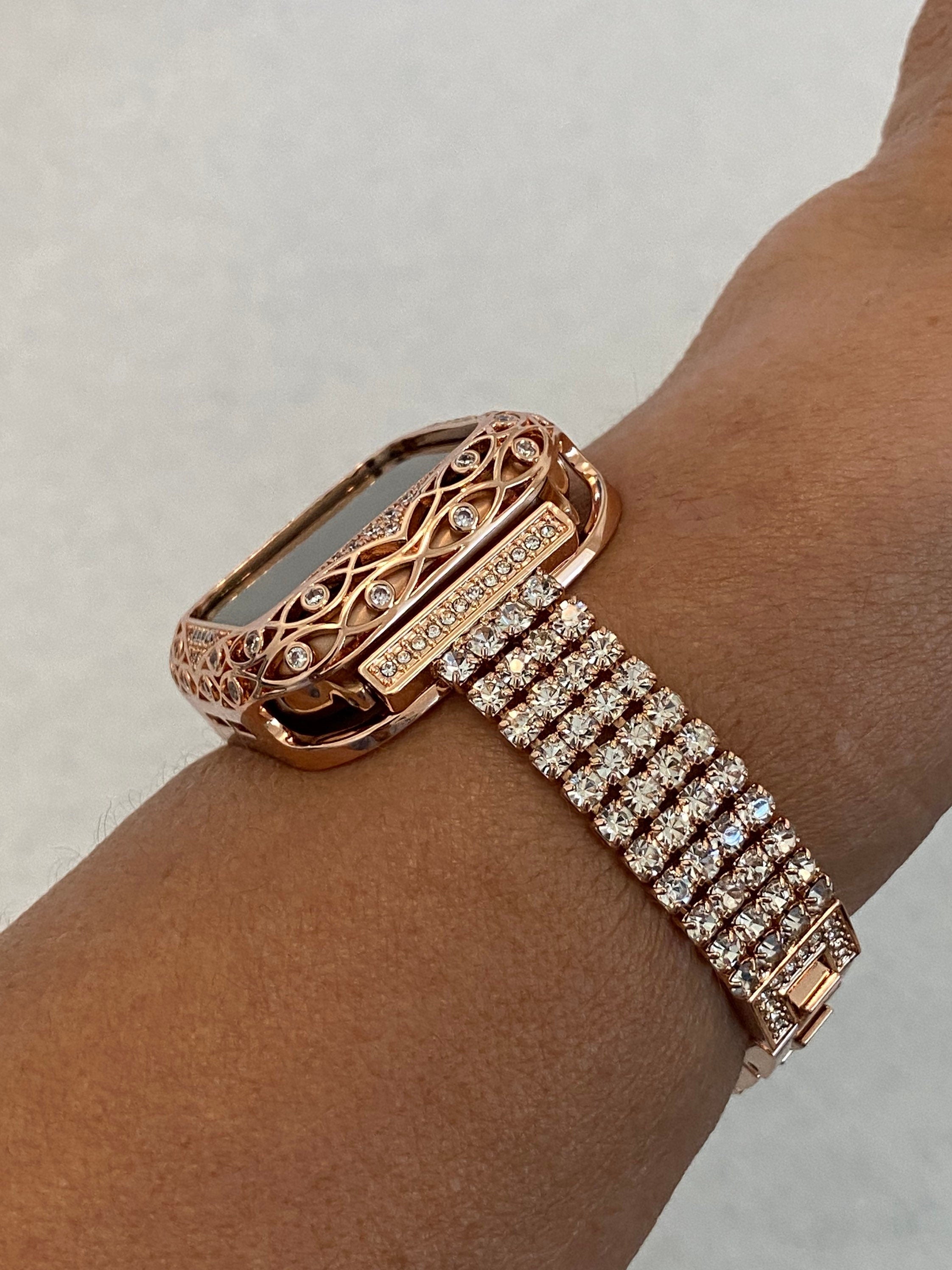 Apple Watch Band Women Rose Gold Swarovski Crystals & or Apple Watch Case 38mm 40mm 41mm 42mm 44mm 45mm Iphone Watch Cover Protector Bling