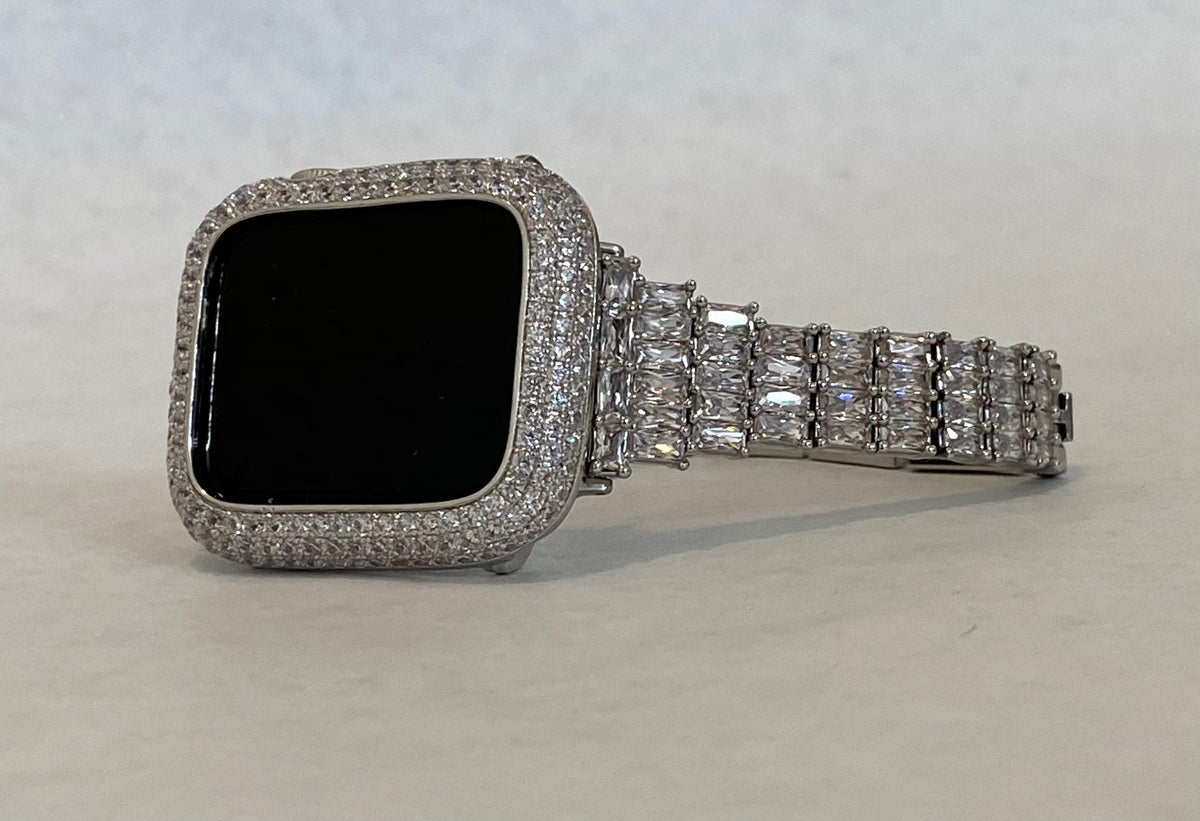Designer Apple Watch Band Womens Silver High End Crystals & or Apple Watch Case Lab Diamond Bezel Iphone Watch Case 38mm - 49mm Ultra Bling