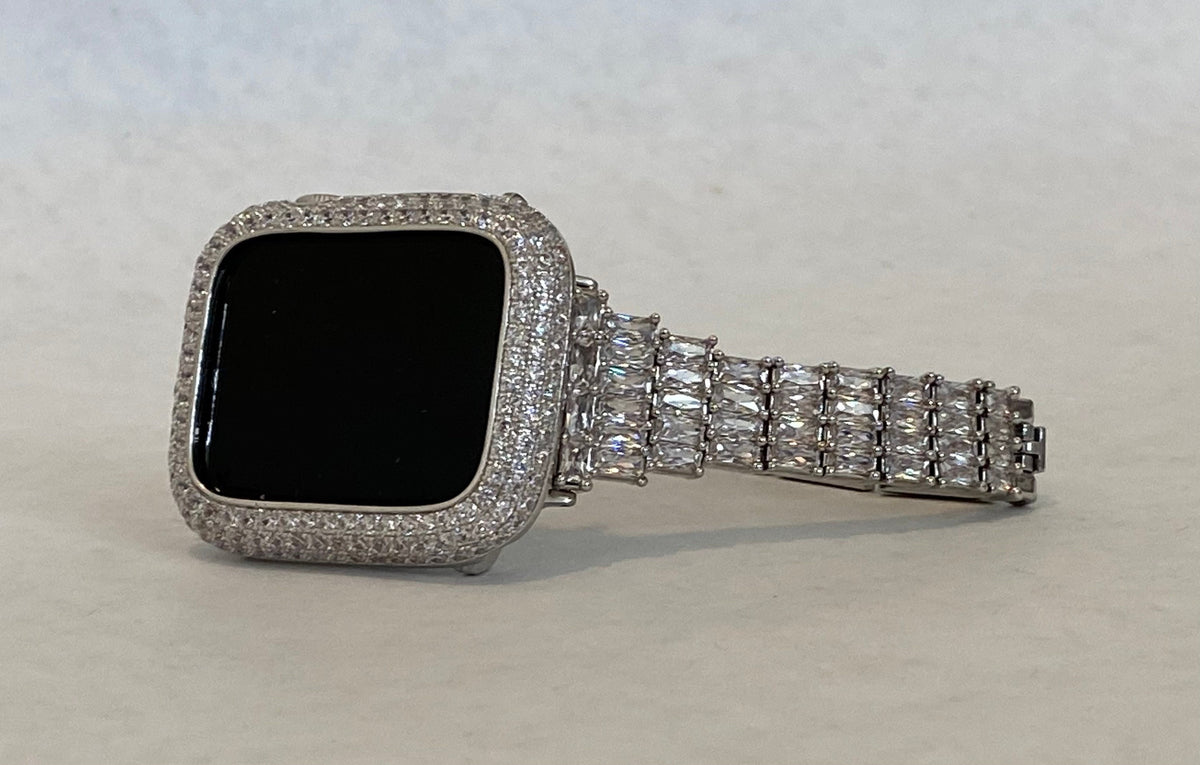 Bling Apple Watch Band Women Silver 41mm 45mm 49mm Ultra High End Crystal & or Apple Watch Case Lab Diamond Bezel Cover Iwatch Candy