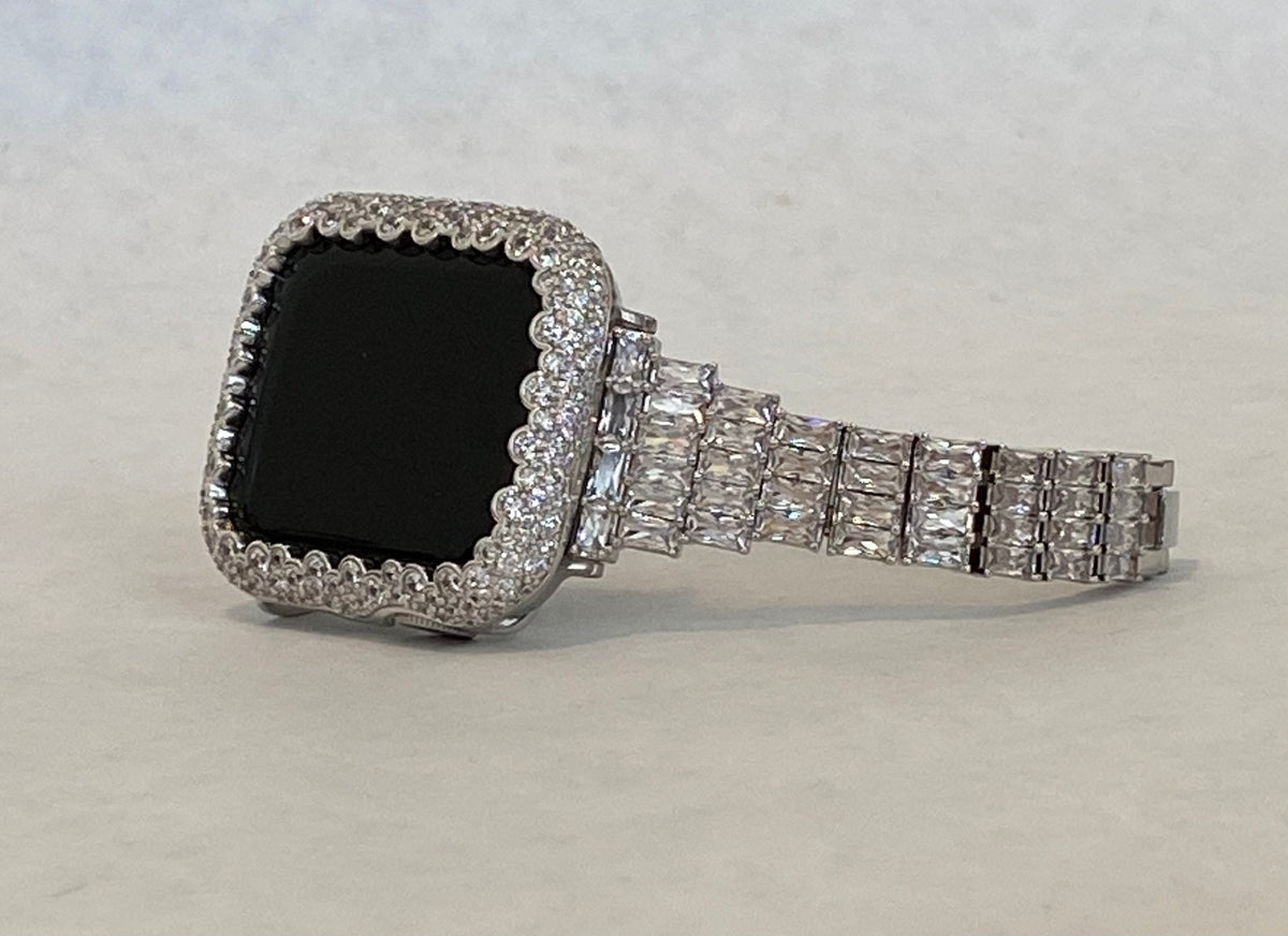 Series 2-11 Bling Apple Watch Band Silver Bracelet High End Crystals & or Apple Watch Cover Lab Diamond Bezel Iphone Watch Case Bling