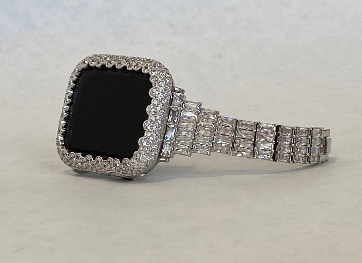 Series 2-11 Bling Apple Watch Band Silver Bracelet Swarovski Crystals & or Apple Watch Cover Lab Diamond Bezel Iphone Watch Case Bling