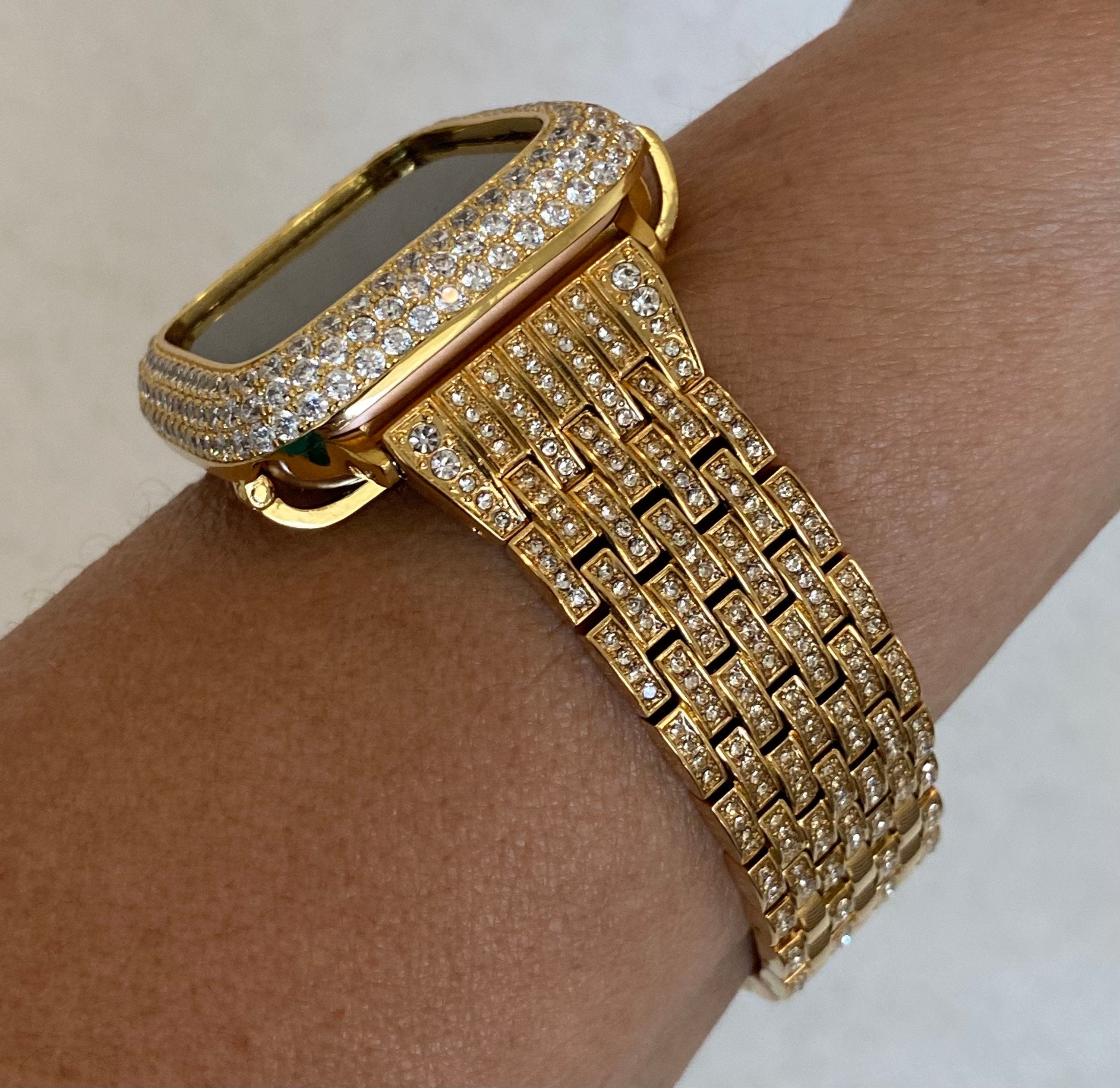 Iced Out Gold Apple Watch Band Stainless Steel Swarovski Crystal & or Apple Watch Case Pave Lab Diamonds 38mm-49mm Ultra Series 10-11
