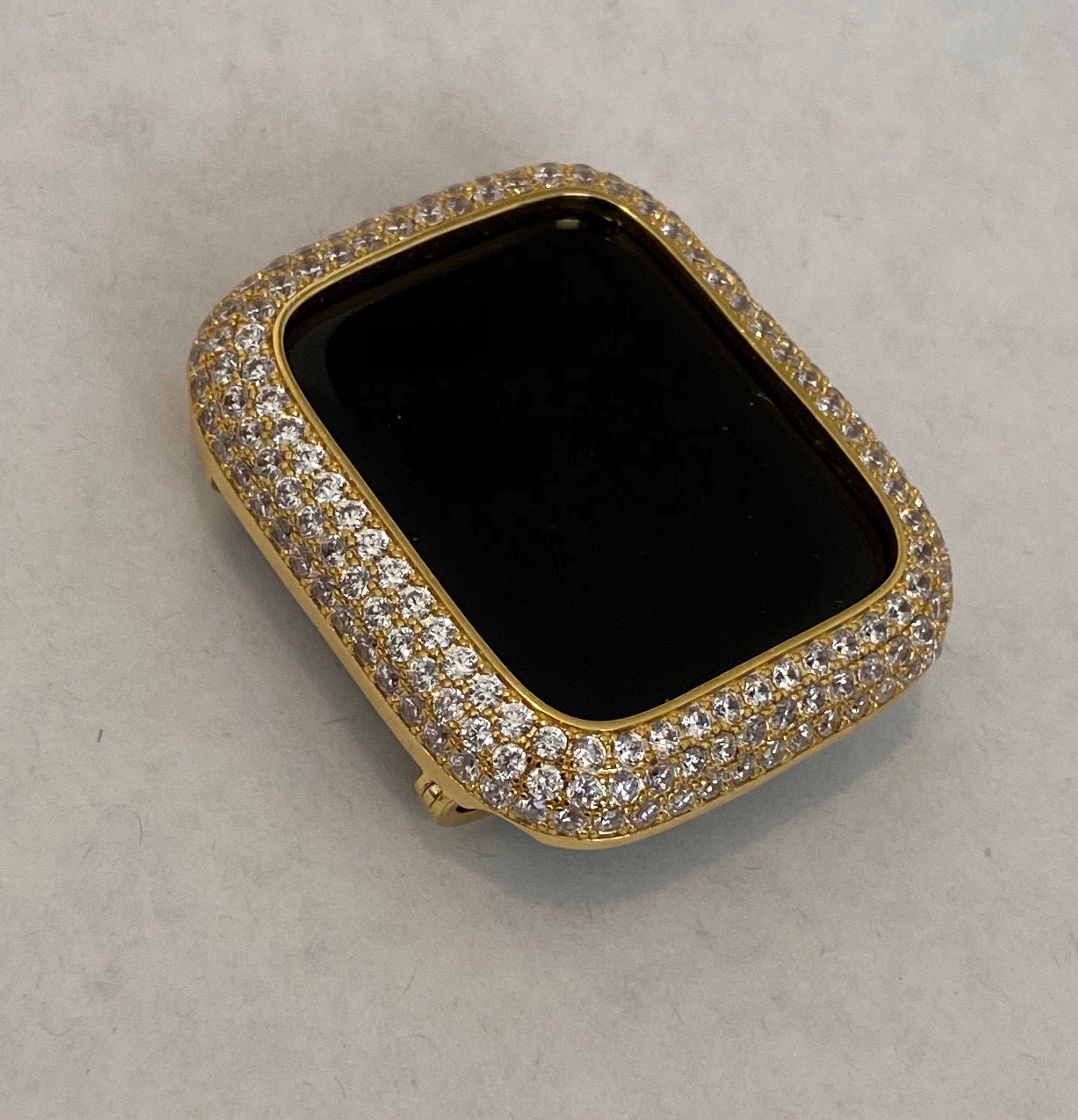 Iced Out Gold Apple Watch Band Stainless Steel Swarovski Crystal & or Apple Watch Case Pave Lab Diamonds 38mm-49mm Ultra Series 10-11
