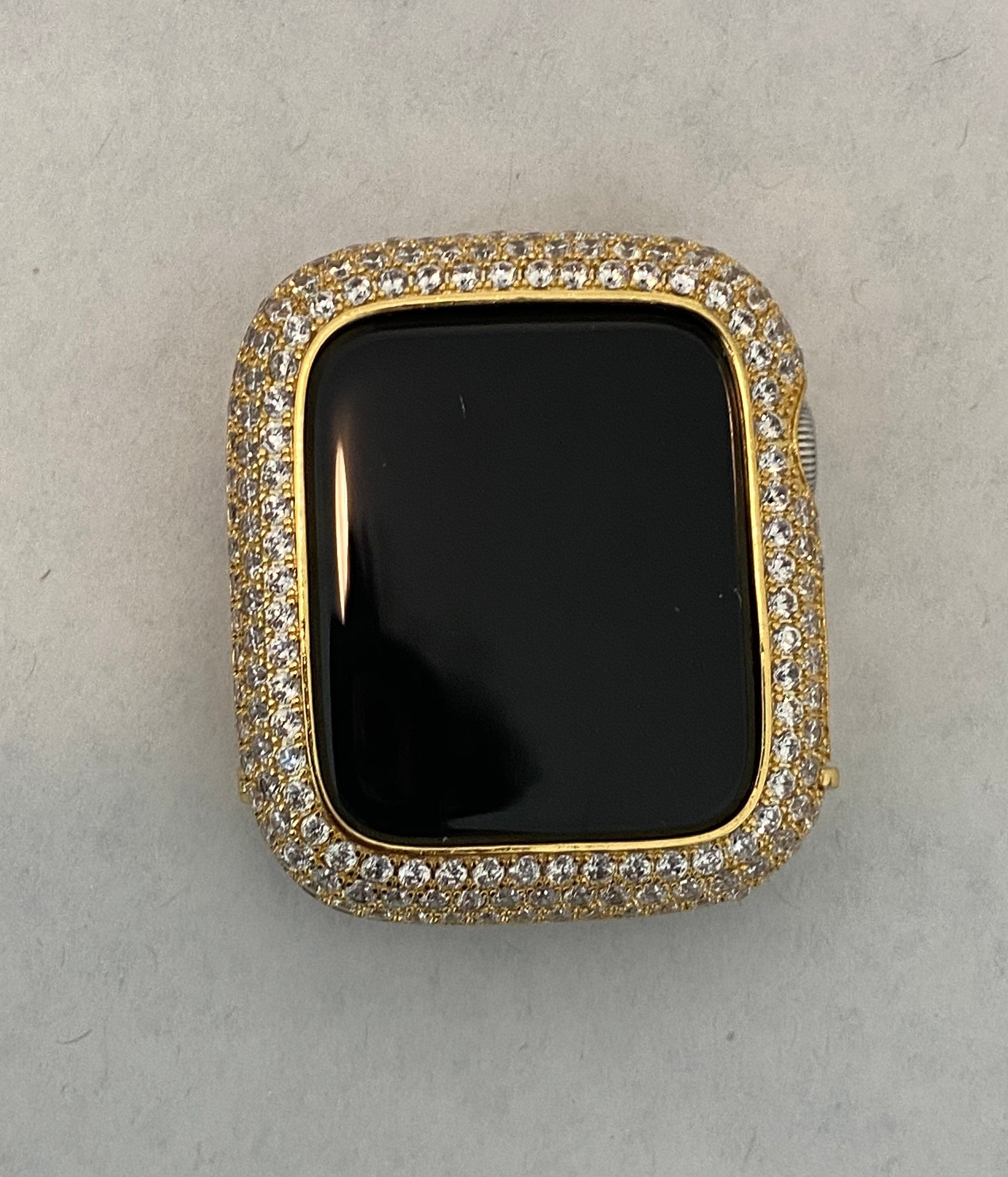 Iced Out Gold Apple Watch Band Stainless Steel Swarovski Crystal & or Apple Watch Case Pave Lab Diamonds 38mm-49mm Ultra Series 10-11