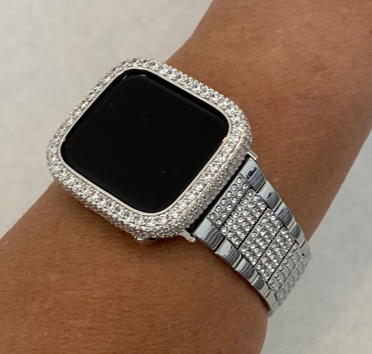 Custom Apple Watch Band Womens Mens Style Silver with Swarovski Crystals  & or Apple Watch Case Cover with Lab Diamonds